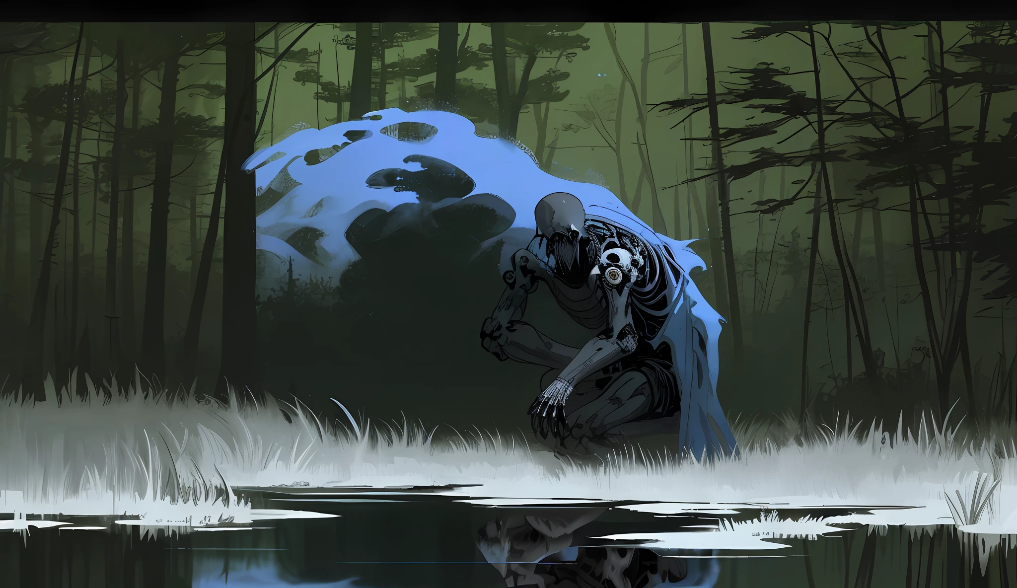 there is a man that is kneeling down in the grass, dark concept art, tragic wraith, eerie and grim art style, in style of dark fantasy art, an ominous fantasy illustration, dark fantasy concept art, dark high-contrast concept art, dark fantasy style art, stefan koidl inspired, 4k detailed digital art, dark fantasy illustration
