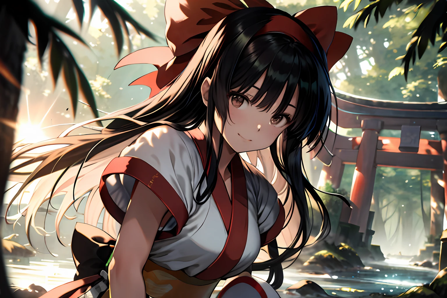 masterpiece, best quality,1girl, red bow, bow, long hair, hair bow, ainu clothes, solo, hairband, black hair, fingerless gloves, short sleeves, gloves, sash, pants, bangs, red hairband, weapon, breasts, brown eyes, white pants, japanese clothes, nakoruru, light smile, officials art, good composition,m, detailed portrait, portrait, bokeh, forest with river, sun behind back, pencil style, traditional brush, samurai, onmyoji style, high resolution, dramatic lighting and shadow, sun flared, blurry foreground, blood plashing around, looking at viewer, hands behind back, hands not in view, face shading, strong lighting, dim light, nostalgia look, dramatic hair, shinto gate behind, masterpiece