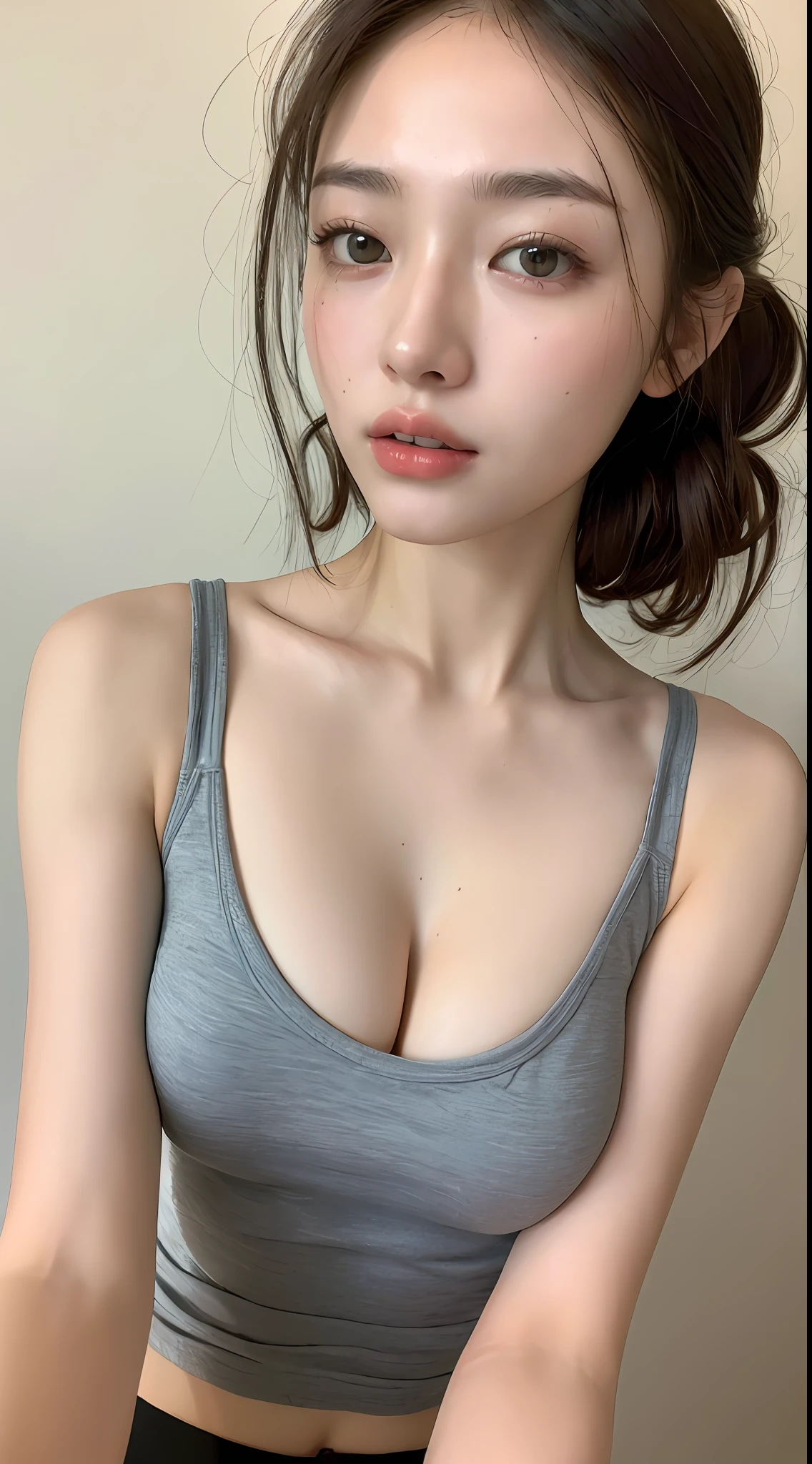 ((Best quality, 8k, Masterpiece :1.3)), 1girl, Pretty woman with emphasizing slender abs :1.3, (random hairstyles :1.2), Oversized tank top :1.2, Ultra-detailed face, Detailed eyes, Double eyelid, alice toggle