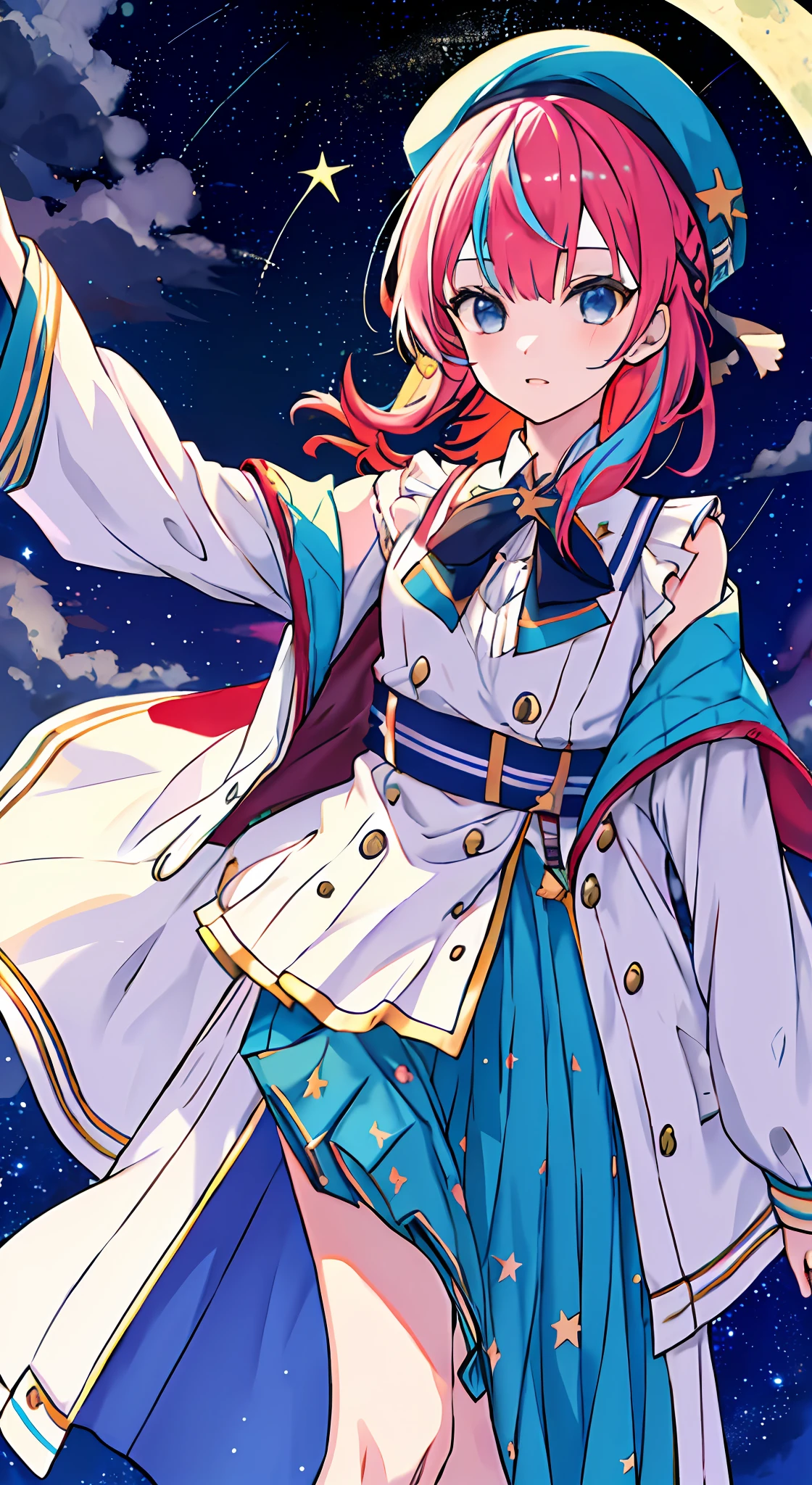 1girl, solo, bangs, posing, multicolored hair, moon background, Arima Kana, hat, blue headwear, beret, (masterpiece: 1.2), highres, best quality, 8k, holding stars in hand