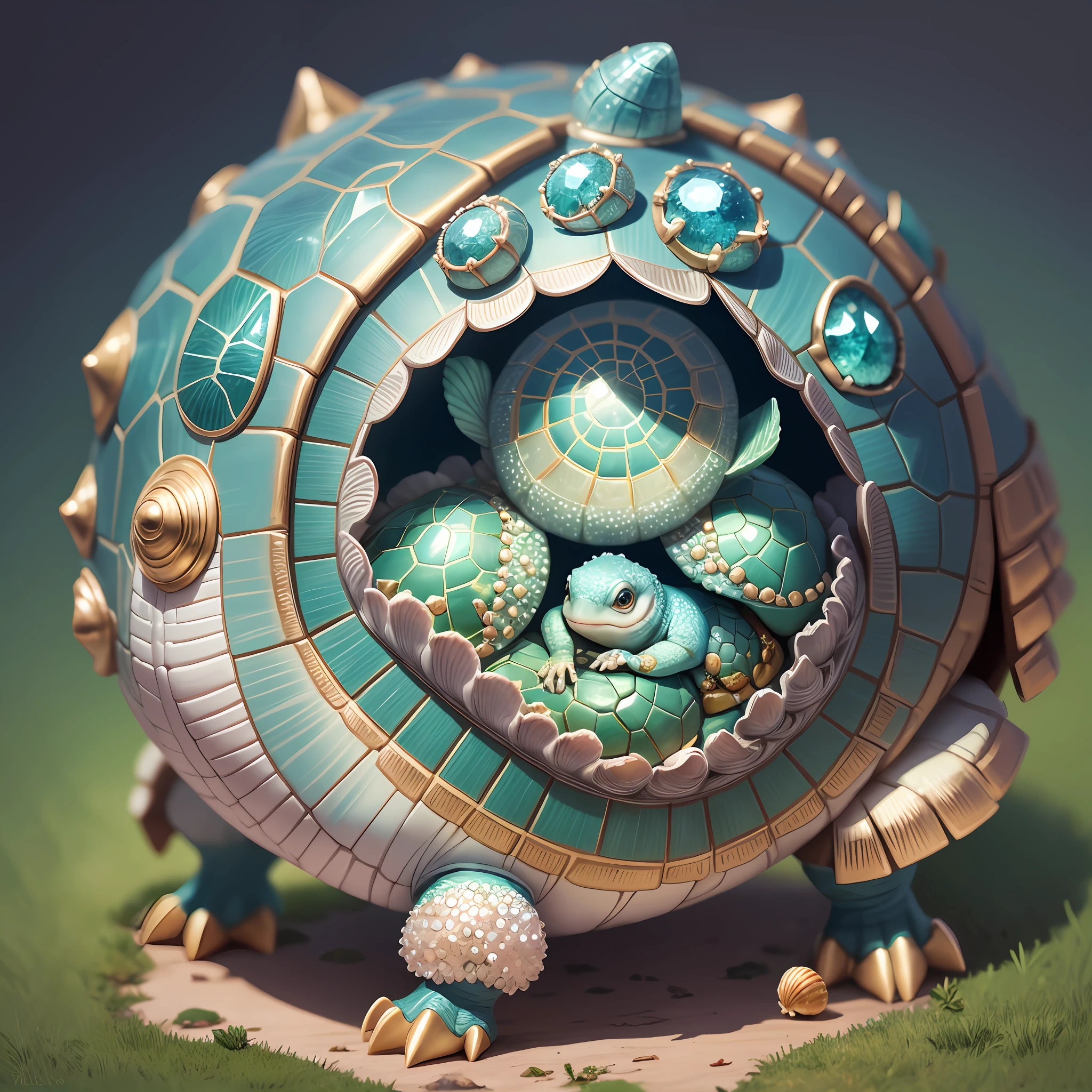 children's cartoon book illustration of baby turtle with hoof studded in crystals, children's book illustration, children's illustrated storybook, history book design, original book, original story, "portrait of a cartoon animal, magical character, official illustration, cute portrait of a hatchling turtle with the shell studded in crystals. Figure with anatomy reliable to that of a real turtle: 4 legs, a shell
