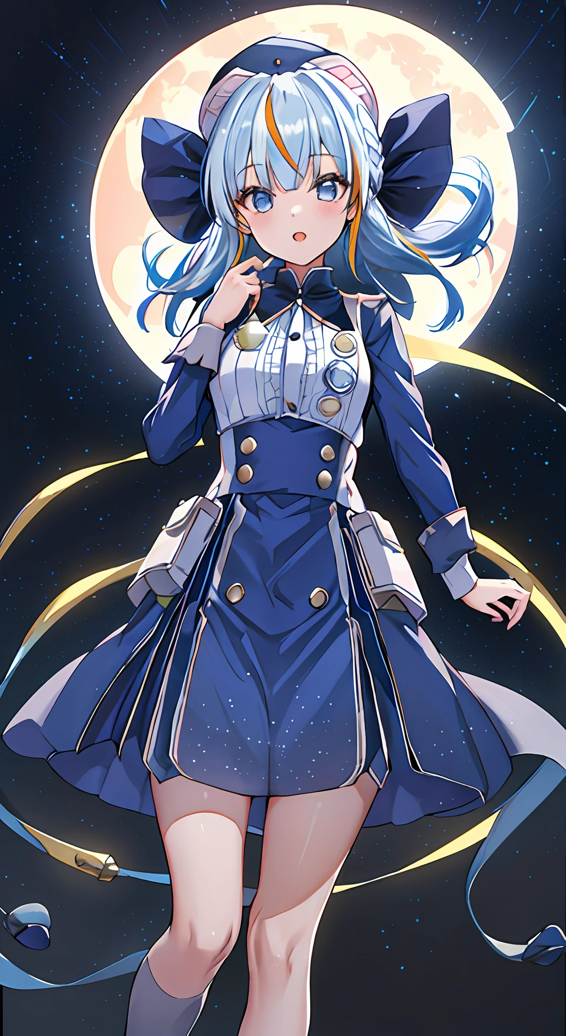 1girl, solo, bangs, posing, multicolored hair, moon background, Arima Kana, hat, blue headwear, beret, (masterpiece: 1.2), highres, best quality, 8k, holding stars in hand