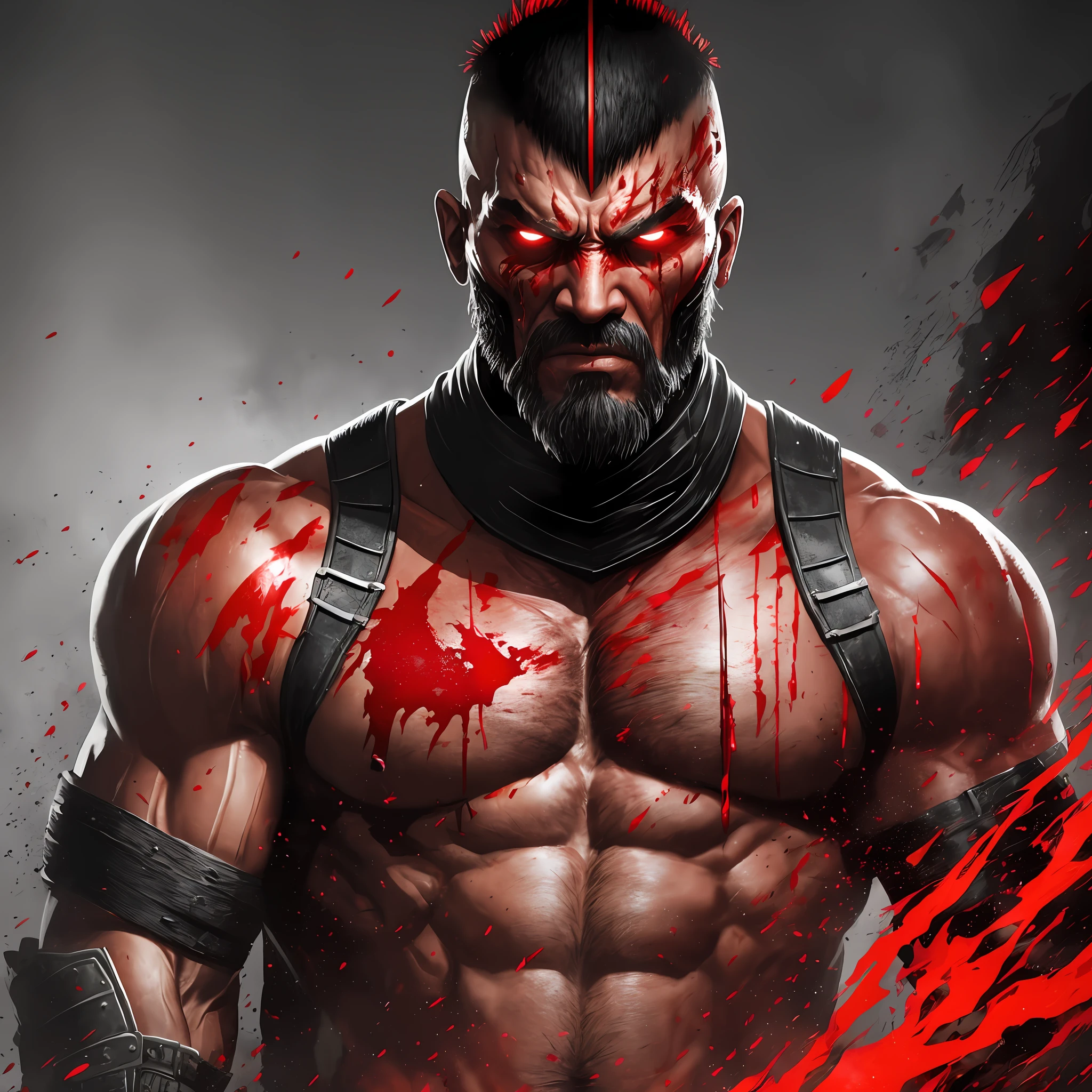 An epic and intense portrayal of Kano from Mortal Kombat, with a focus on his rugged and battle-worn appearance, captured in stunningly detailed CG art. Dominant colors of red and black with dynamic lighting to emphasize his tough demeanor. A wide shot with a dark and gritty backdrop, featuring dripping blood, smoke, and heavy shadows.