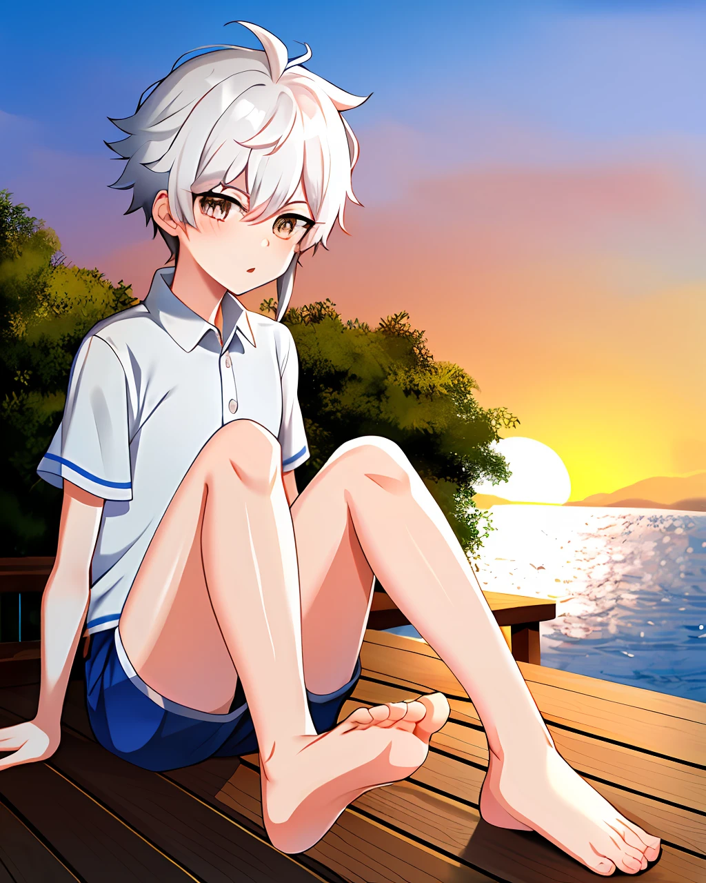 Kazuha (Genshin Impact), white hair, ager, 1 boy, sunset, maple leaf, shorts, barefoot