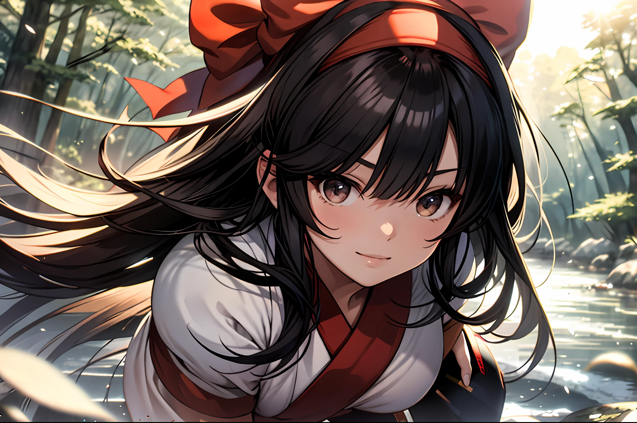 Anime girl with long black hair and red bow in a forest - SeaArt AI