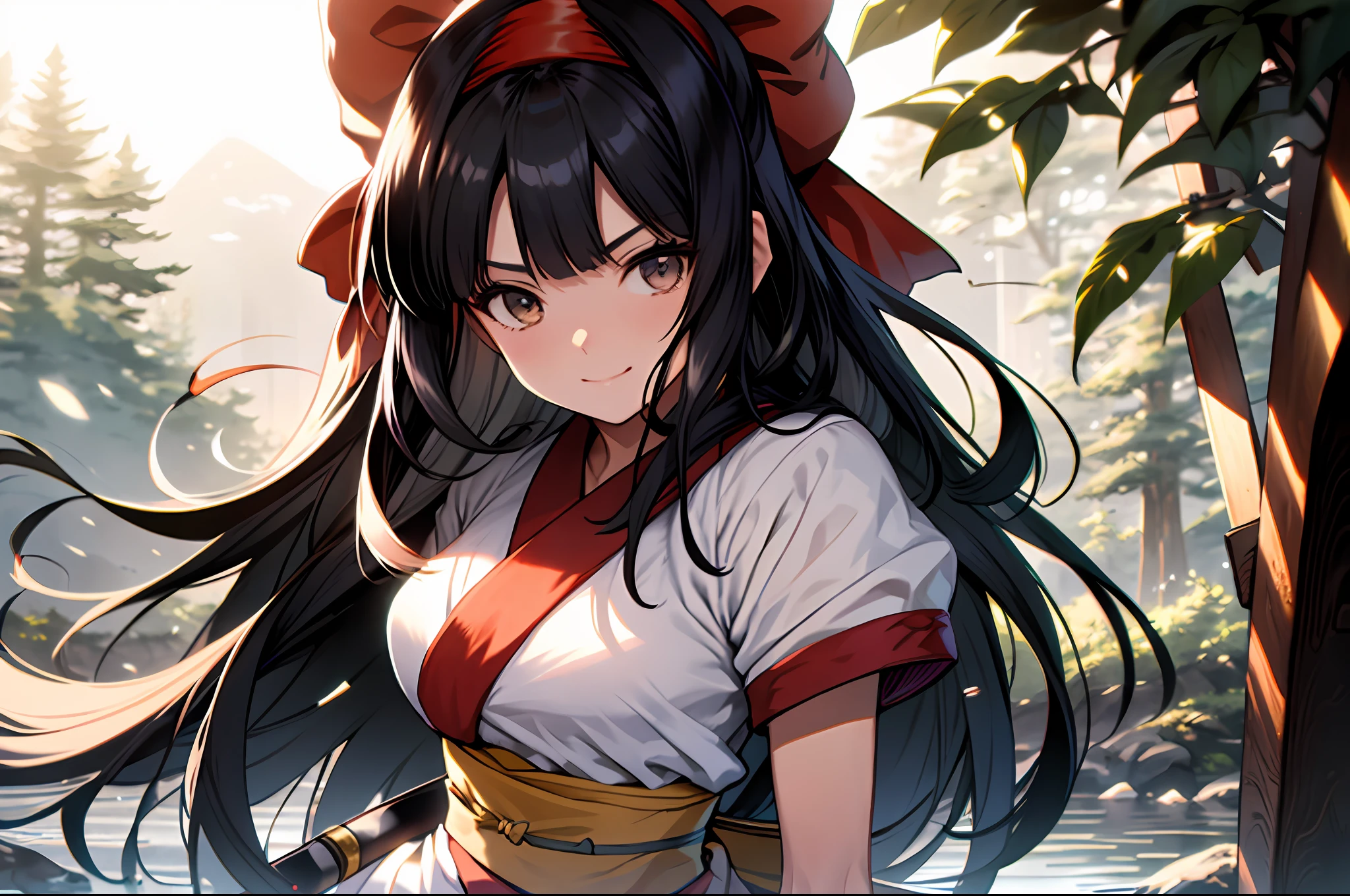 masterpiece, best quality,1girl, red bow, bow, long hair, hair bow, ainu clothes, solo, hairband, black hair, fingerless gloves, short sleeves, gloves, sash, pants, bangs, red hairband, weapon, breasts, brown eyes, white pants, japanese clothes, nakoruru, light smile, officials art, good composition,m, detailed portrait, portrait, bokeh, forest with river, sun behind back, pencil style, traditional brush, samurai, onmyoji style, high resolution, dramatic lighting and shadow, sun flared, blurry foreground, blood plashing around, looking at viewer, hands behind back, hands not in view, face shading, strong lighting, dim light, nostalgia look, dramatic hair, shinto gate behind, masterpiece