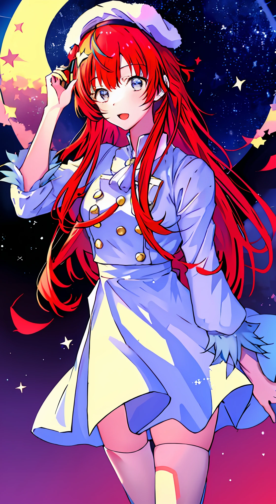 1girl, solo, bangs, posing, multicolored hair, moon background, Arima Kana, hat, blue headwear, beret, (masterpiece: 1.2), highres, best quality, 8k, holding stars in hand