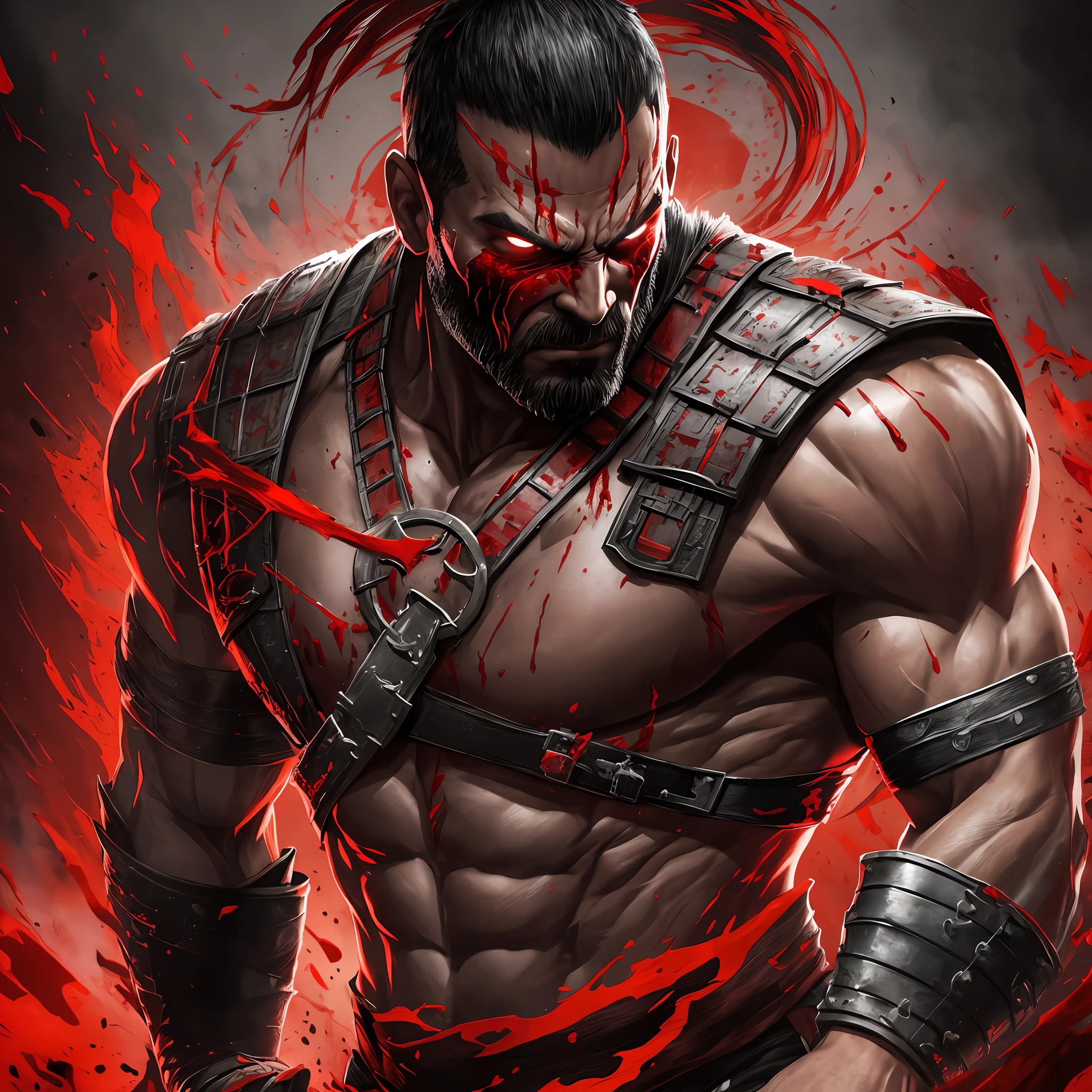 An epic and intense portrayal of Kano from Mortal Kombat, with a focus on his rugged and battle-worn appearance, captured in stunningly detailed CG art. Dominant colors of red and black with dynamic lighting to emphasize his tough demeanor. A wide shot with a dark and gritty backdrop, featuring dripping blood, smoke, and heavy shadows.