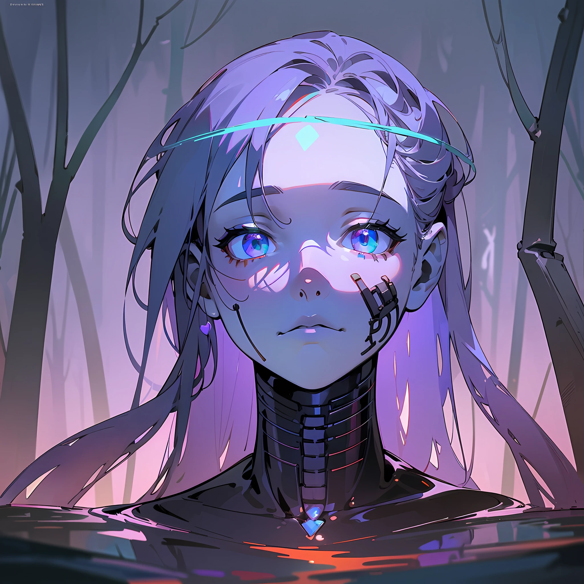 (artwork), (high resolution), (very detailed shading),((far view)),((full-length point of view)), realistic illustration of a rusty cyborg with head and face (beautiful human face without expression, lost look) and body (black skin paint, skeletal made of tubes, cables, very thin torso) poses defiantly on top of a very colorful stream (reflections in the water,  crystalline), background a dense forest (shrubs, dry pines without leaves), lighting and atmosphere at dawn (violet and blue lighting), very dim volumetric light very horizontal, soft fog, atmosphere of terror with very detailed elongated shadows, very high shading contrast, very saturated and colorful background color