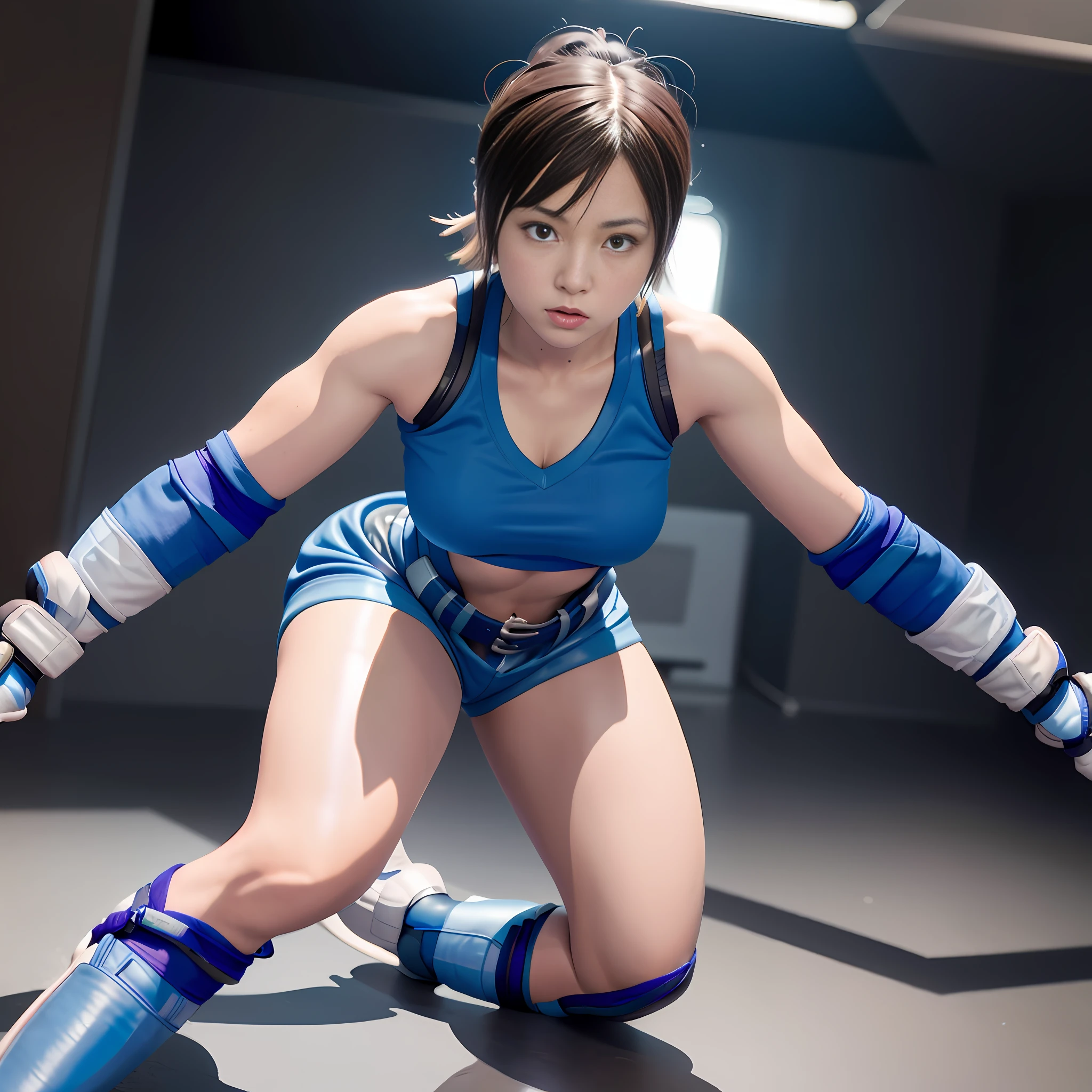 There is a woman in a short blue costume and boots on the floor, anime girl is squatting, dead or alive 6, fight pose, strongest pose, extreme pose, fighter pose, chun li, chun li-li, distorted pose, chun li, chun li in the gym, badass pose, battle pose, rin, magnificent angle and pose, asuka Kazama,