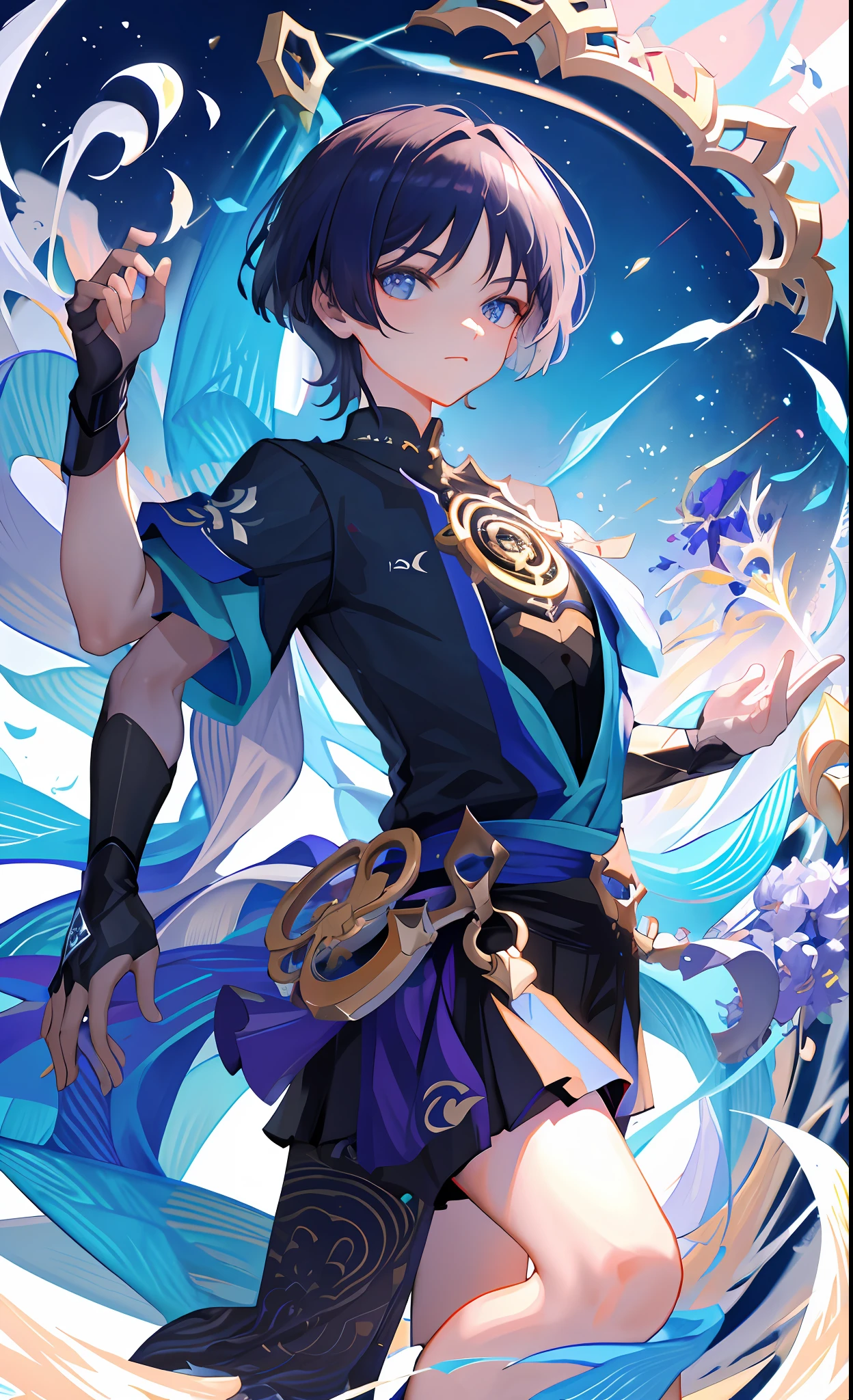 (masterpiece), (best quality), (ultra detailed), (Wanderer), upper body, flowers, flowing colors, night, dynamic pose