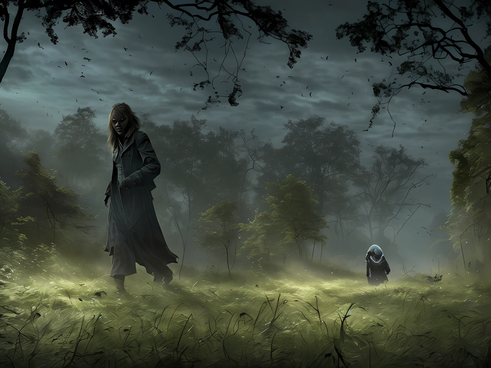 1girl, werewolf, 1boy, vore, sharp teeth, saliva drip, glowing eyes, monster, backlighting, night, full moon, moon, sky, howling, scared, looking at viewer, black eyes, blonde hair, :o, surprised, fog, horror \(theme\), sundress, fleeing, incoming attack, torn dress, floating hair, wind, falling leaves, dark, darkness,, masterpiece, best quality, highly detailed