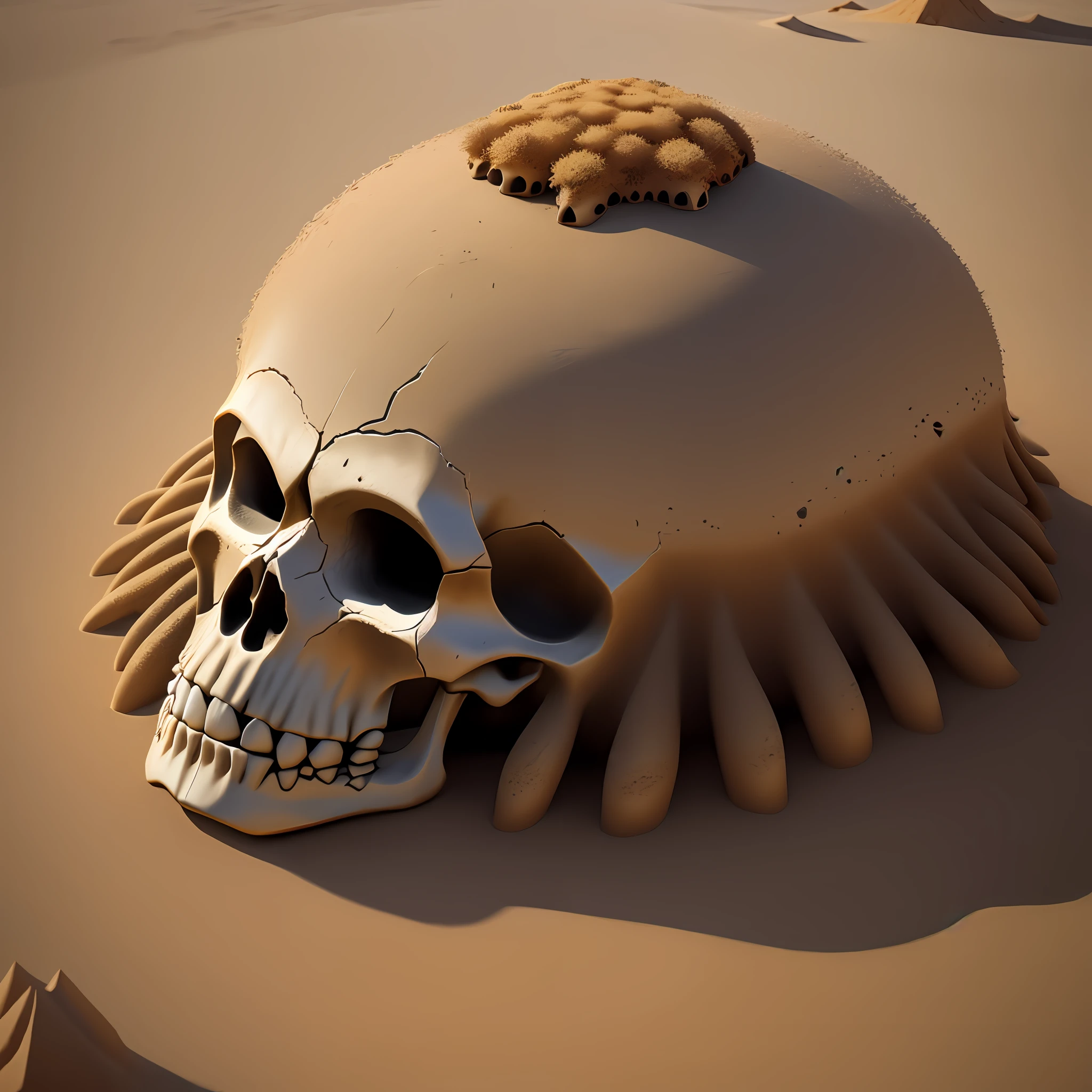 Gorilla skull, ground, desert, aerial view from left, anthill