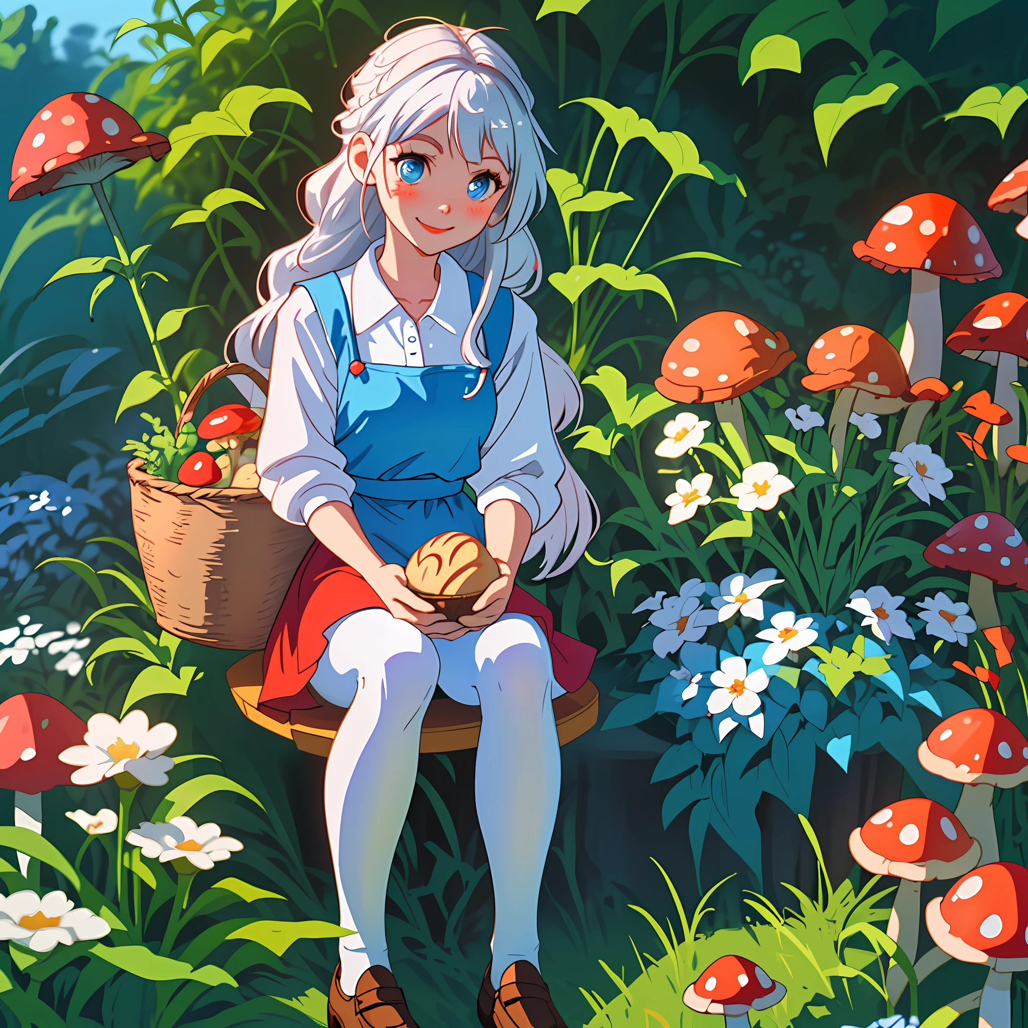 Tender girl sitting in a red mushroom with white pimtas, surrounded by plants, girl with silver hair, bright blue eyes, tirrn look, tender smile, blush, dressed in a white apron and down light blue dress, white tights, brown loafers, food basket, sunlight shine, lights, our quality, our quality,