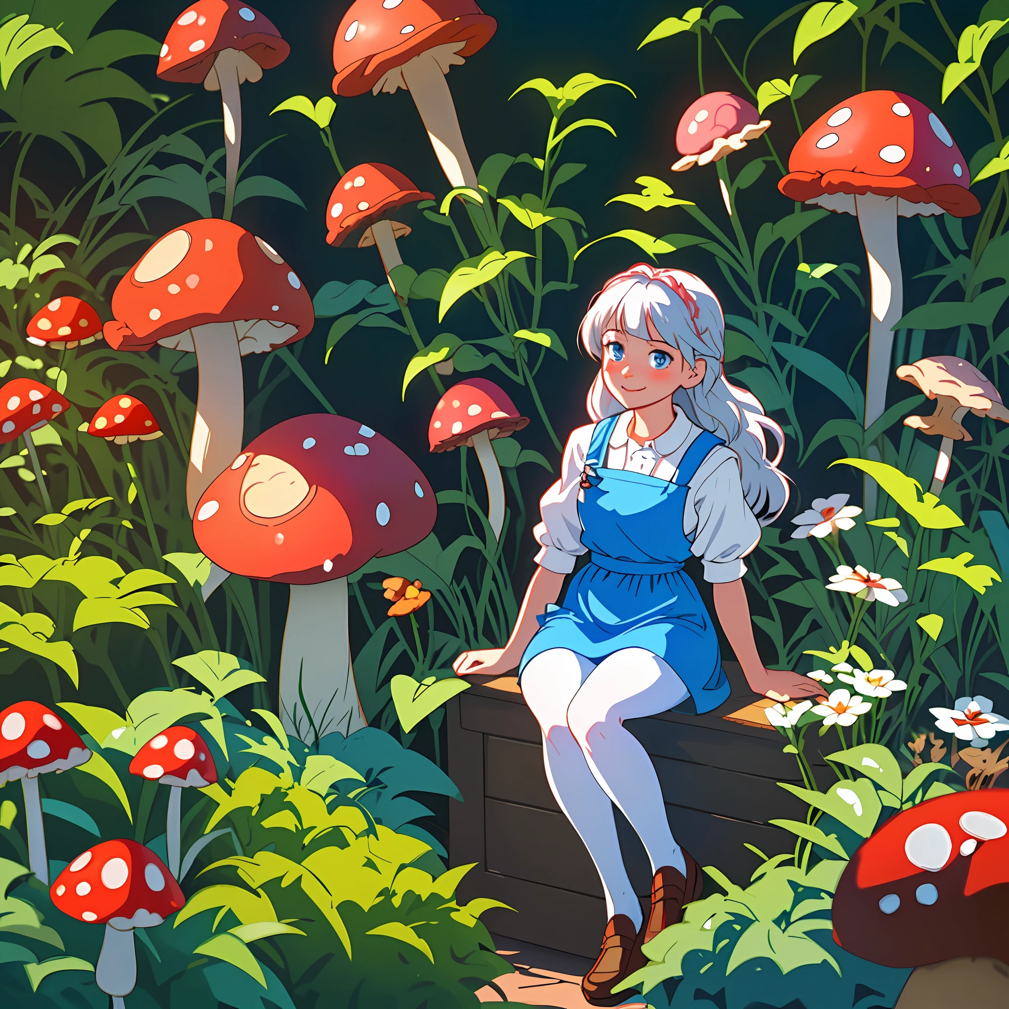 Tender girl sitting in a red mushroom with white pimtas, surrounded by plants, girl with silver hair, bright blue eyes, tirrn look, tender smile, blush, dressed in a white apron and down light blue dress, white tights, brown loafers, food basket, sunlight shine, lights, our quality, our quality,