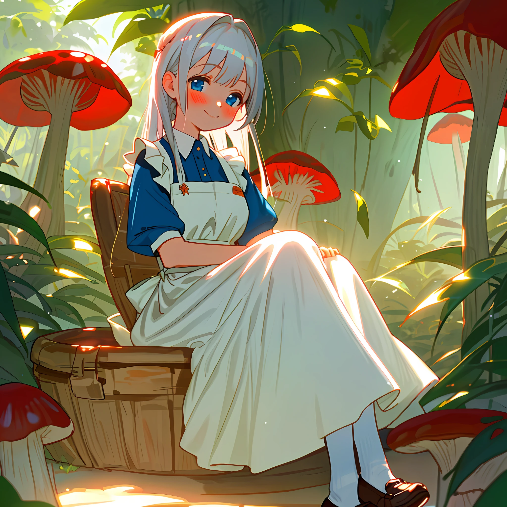 Tender girl sitting in a red mushroom with white pimtas, surrounded by plants, girl with silver hair, bright blue eyes, tirrn look, tender smile, blush, dressed in a white apron and down light blue dress, white tights, brown loafers, food basket, sunlight shine, lights, our quality, our quality,