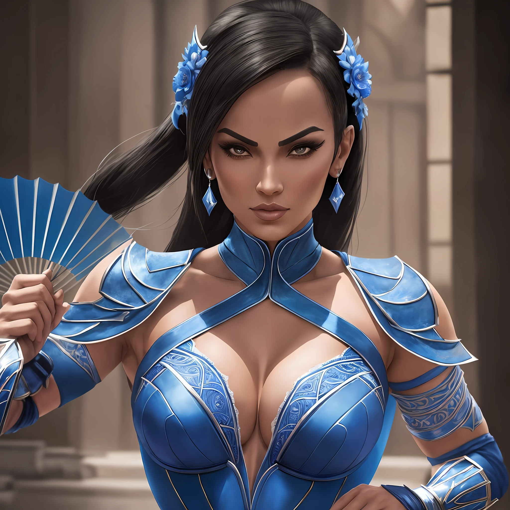 Delicate, powerful and beautiful, a true heroine of Mortal Kombat.((Kitana)) shines in her blue attire, her beauty only matched by her skill with a fan. A dynamic pose, her razor-sharp steel fans ready to strike at any moment. The scene takes place in the Palace Garden, the dim light reflecting off the tiles adding to the intensity of the moment.