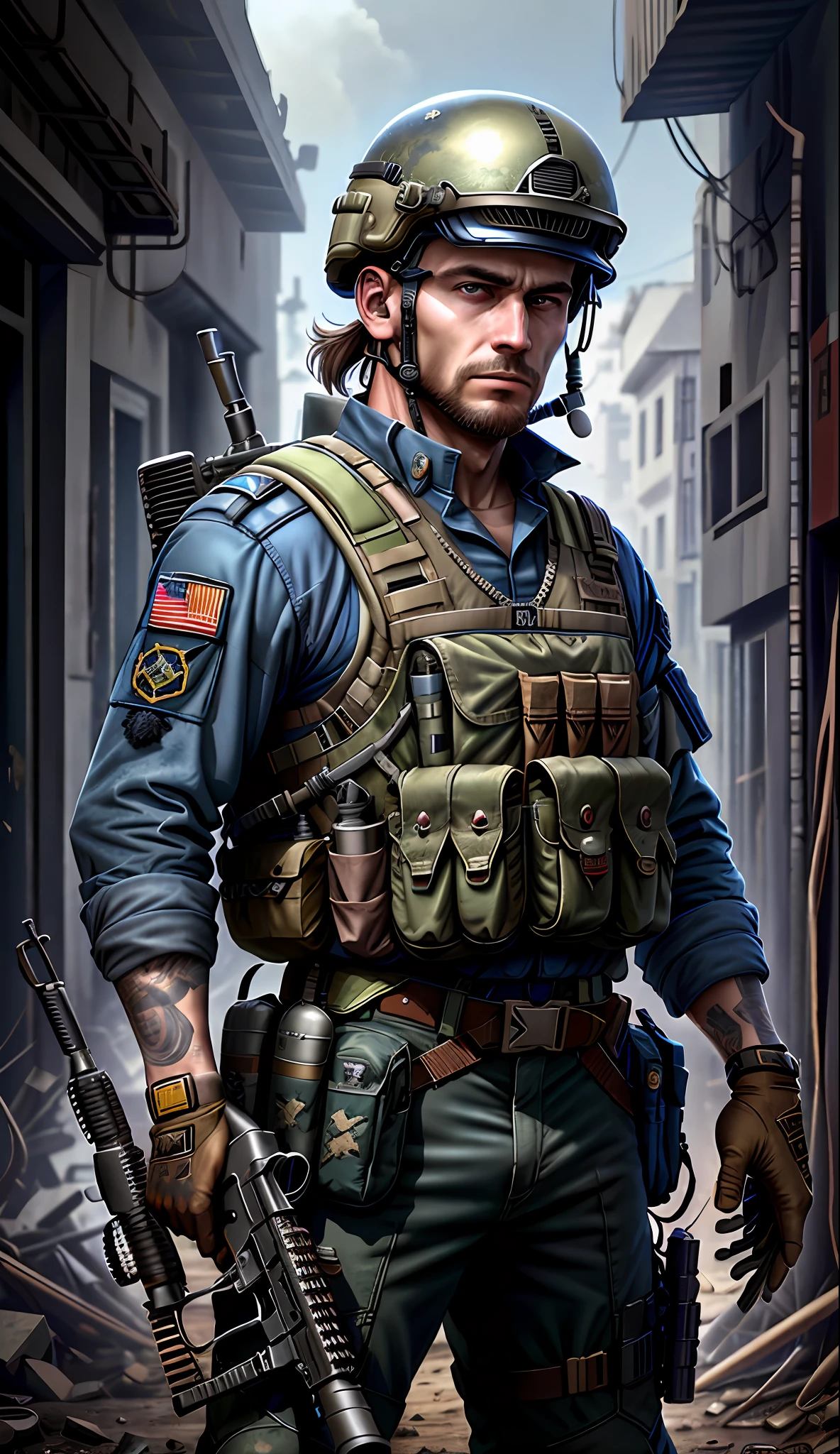 Soldier with dark blue uniform and m16 rifle, united nations patch, ruined background, realistic, stylish, tactical helmet, tactical vest, intricate details, hyperdetailed, cinematic, rim light, danger atmosphere