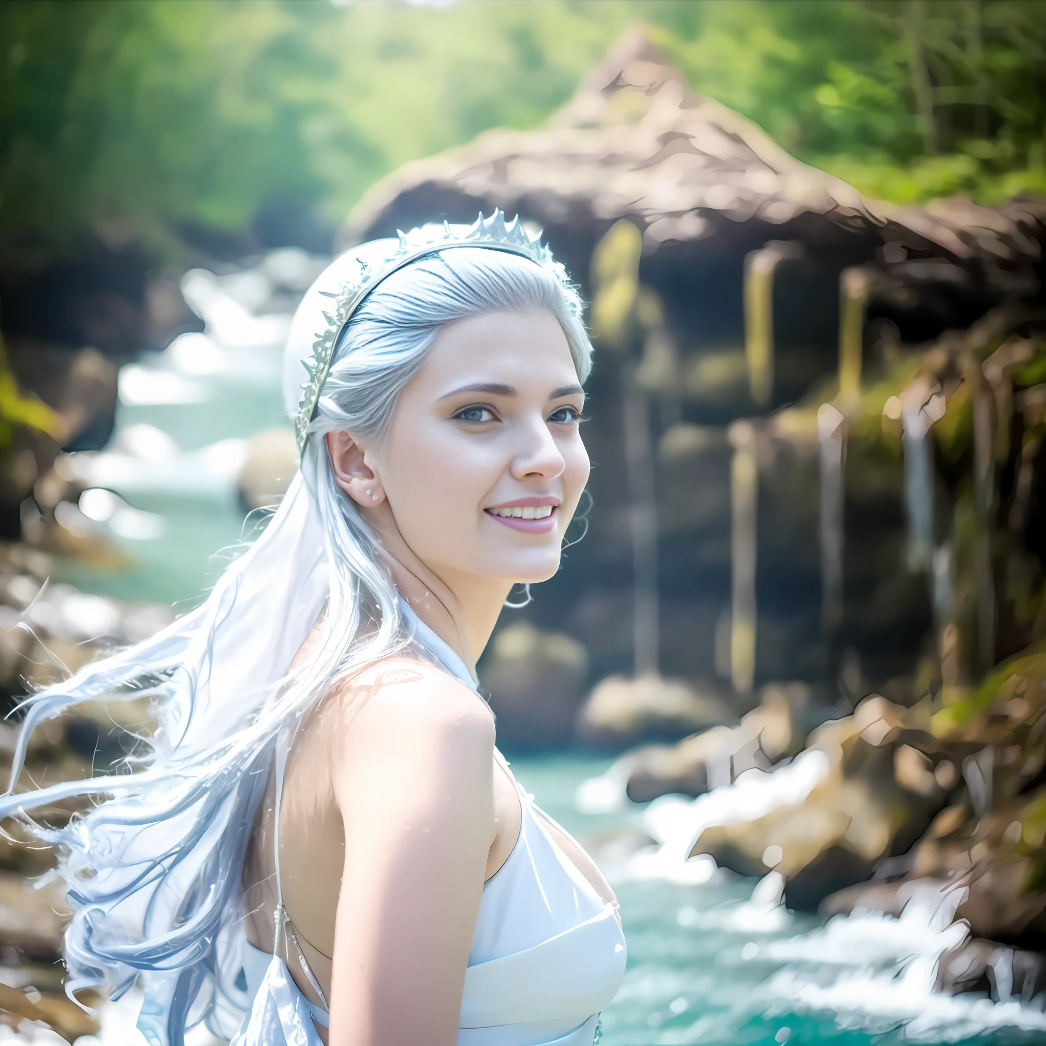 (8k, RAW photo, best quality, masterpiece: 1.2), (realistic, photorealistic: 1.37), Noelle Silva, standing in the river, water armor, Solo, silver-haired princess and bangs, Black Clover anime.