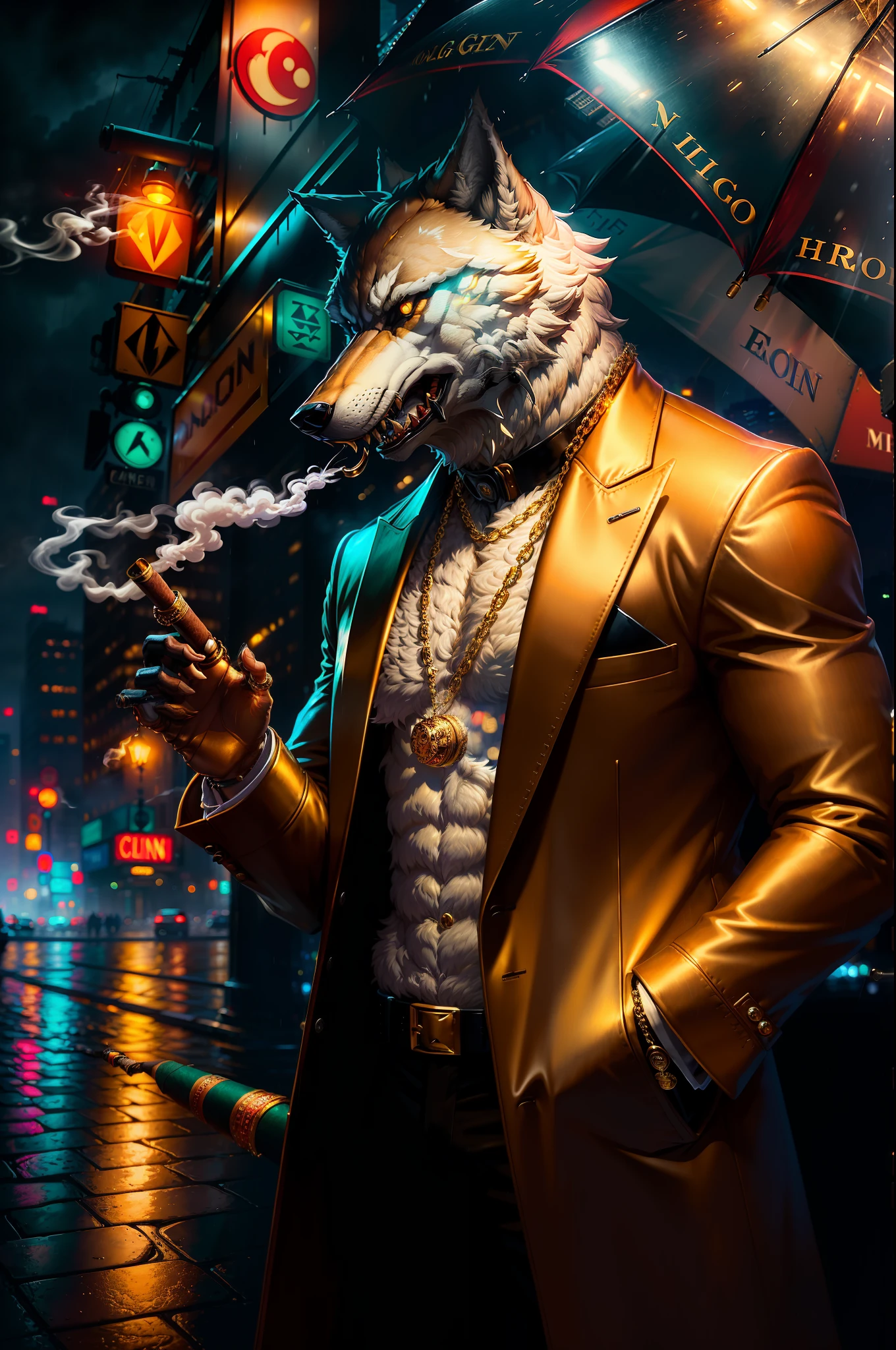 ((realistic)), ((detailed)), illustration, scene perspective (urban setting), character appearance (wolf-headed and humanoid body wearing a sleek overcoat, gold chains, and rings while smoking a cigar amidst a rainy night with an imposing air), background elements (wet streets reflecting the city lights, neon signs and buildings in the background).