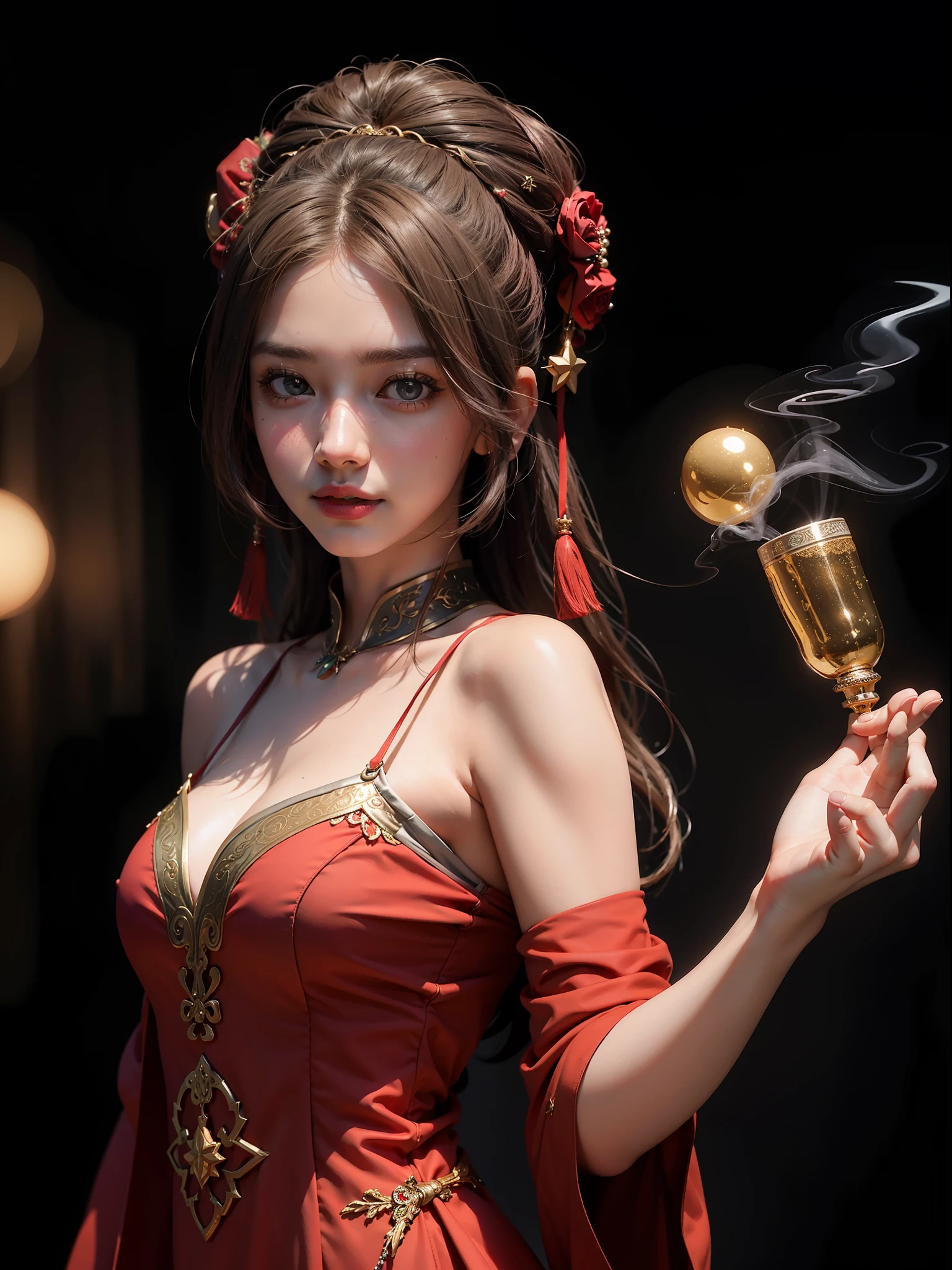 best quality, masterpiece, highres, 1girl,blush,(seductive smile:0.8),star-shaped pupils,china hanfu,hair ornament, Beautiful face,upon_body, tyndall effect,photorealistic, dark studio, rim lighting, two tone lighting,(high detailed skin:1.2), 8k uhd, dslr, soft lighting, high quality, volumetric lighting, candid, Photograph, high resolution, 4k, 8k, Bokeh,beautiful fan,beautiful pipe,red dress,smoke background
