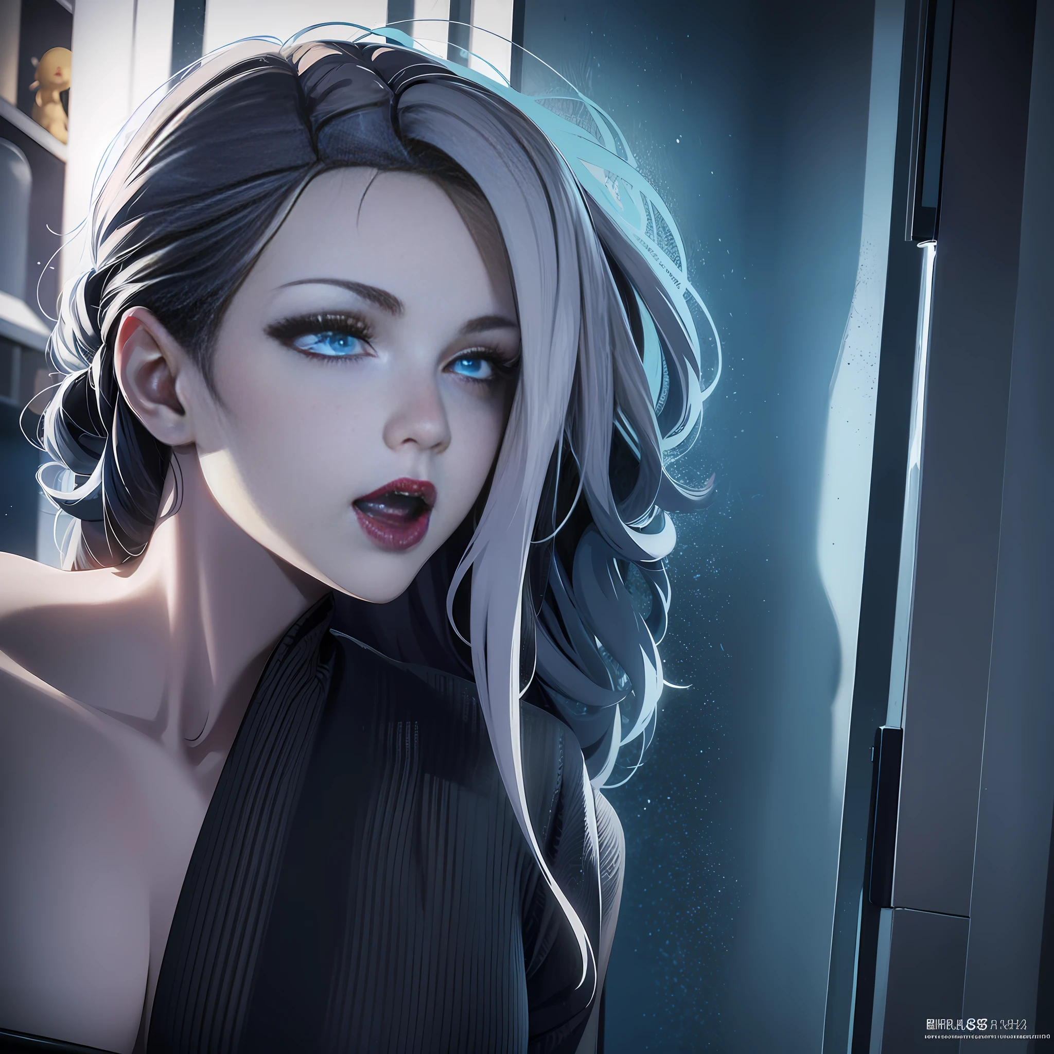 Best Quality)), ((Masterpiece)), (High Definition:1.3), 3D, HDR (High Dynamic Range), Ray Tracing, NVIDIA RTX, Super Resolution, Unreal 5,(Best Quality)), ((Masterpiece)), (High Definition:1.3), 3D, HDR (High Dynamic Range), Ray Tracing, NVIDIA RTX, Super Resolution, Unreal 5, woman in black thong panties, transparent white bra, in a beautiful rustic room, white hair, blue eyes as the ocean more crystalline make the eye comes alive and detailed, Big fleshy mouth with black lipstick, small breasts like a girl and round and big ass, has an athletic and very healthy shape.