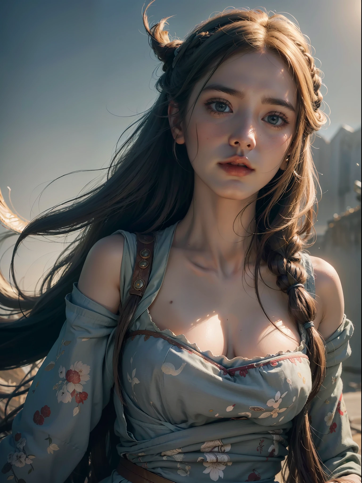 (RAW photo, best quality), (realistic, photo-realistic:1.3),best quality,highly detailed,masterpiece,ultra-detailed,illustration,1girl,upper_body,dynamic angle,world masterpiece theater,messy_long_hair,best quality,extremely detailed CG unity 8k wallpaper,ink,Amazing,cinematic lighting,lens_flare,,dunhuang_style