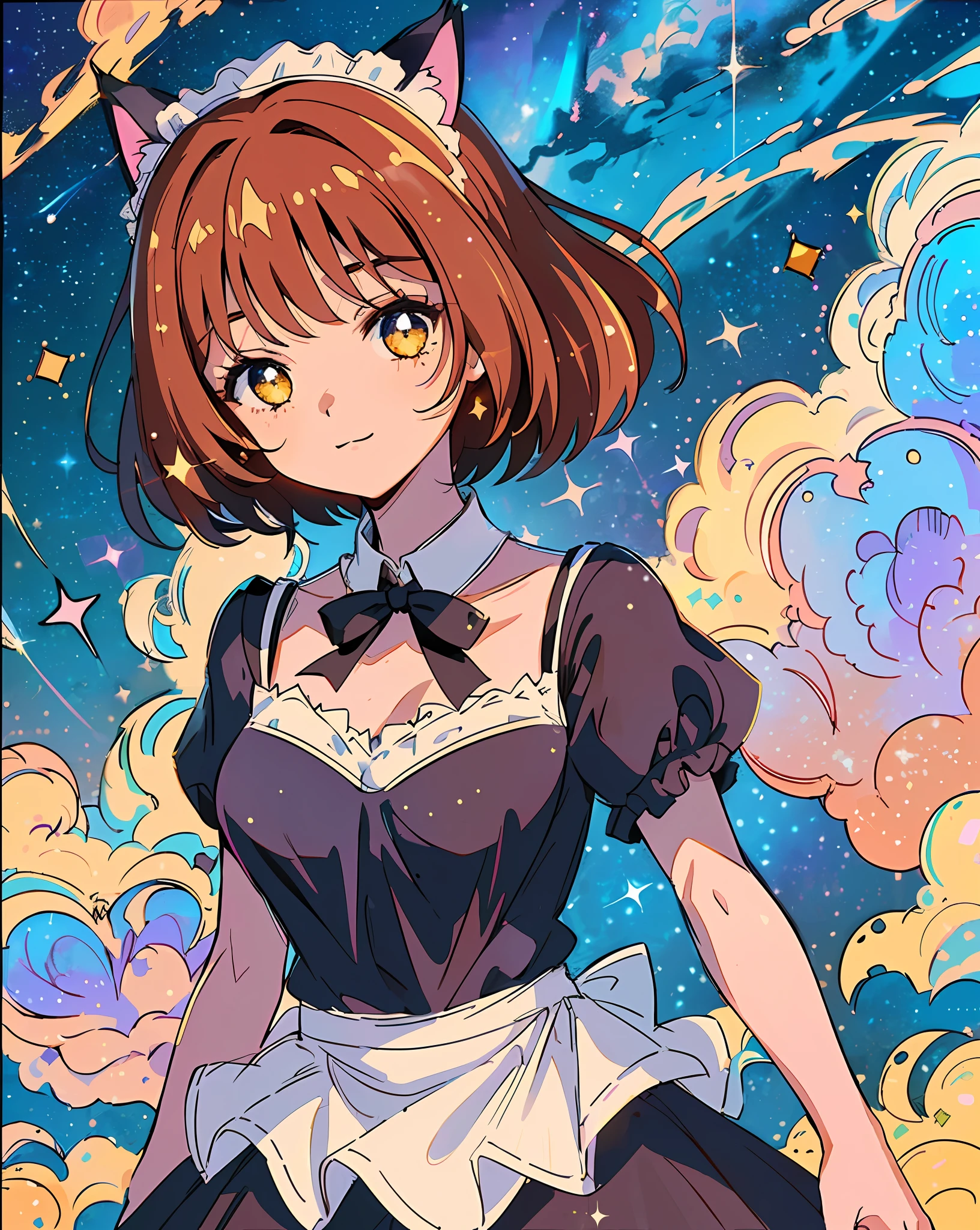 ((Catgirl, Upper body )), ((Gorgeous Starry Sky Background)), ((Super Definition)), ((Best Illustration)), ((Cinematic Lighting)), Dynamic Angle, Detail, (Glitter: 1.2), (Shine: 1.2), (Shine: 1.2), Classic, (Paint: 1.1), (Sketch: 1.1), (Best Quality), (Masterpiece: 1.2), (Anime Style), (Solo), Beautiful Detail Face, (Cute Face: 1.3), (Big Eyes: 1.3), (Amber Eyes: 1.4), Dark Cinnamon-colored Hair, (Medium Hair: 1.2), (Floating Hair: 1.2), (Dark Cinnamon-Colored Cat Ears: 1.3), (Extremely Large Breasts: 1.5), (Maid Costume), Detailed Costumes, (Flowing Skirt: 1.2), (Transparent Fabric: 1.1), (Glitter: 1.2), (Glow: 1.2), (Shine: 1.2), ( Flicker:1.2) , (Dazzle:1.2)