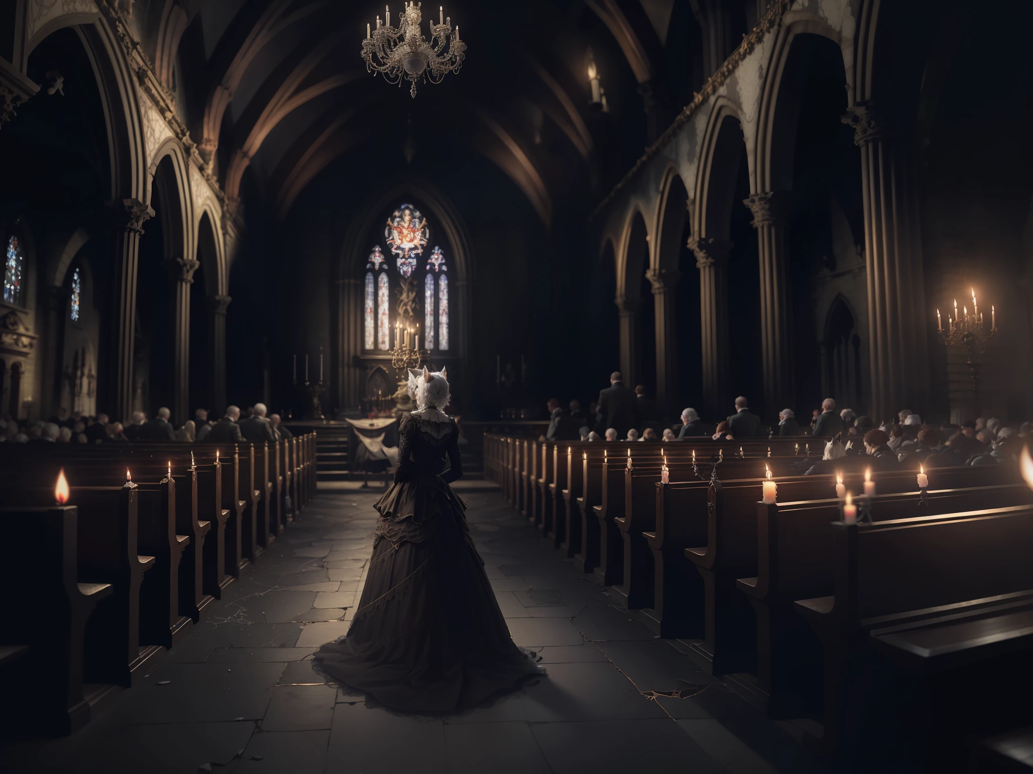 London style,Spiders and cobwebs are tangled, cinematic, extremely detailed cg, detailed texture, crowded church, gothic candles, candlelit, back to camera, girl, standing, catgirl, white cat ears, white cat tail, real tail, demons of hell, fire light, close behind