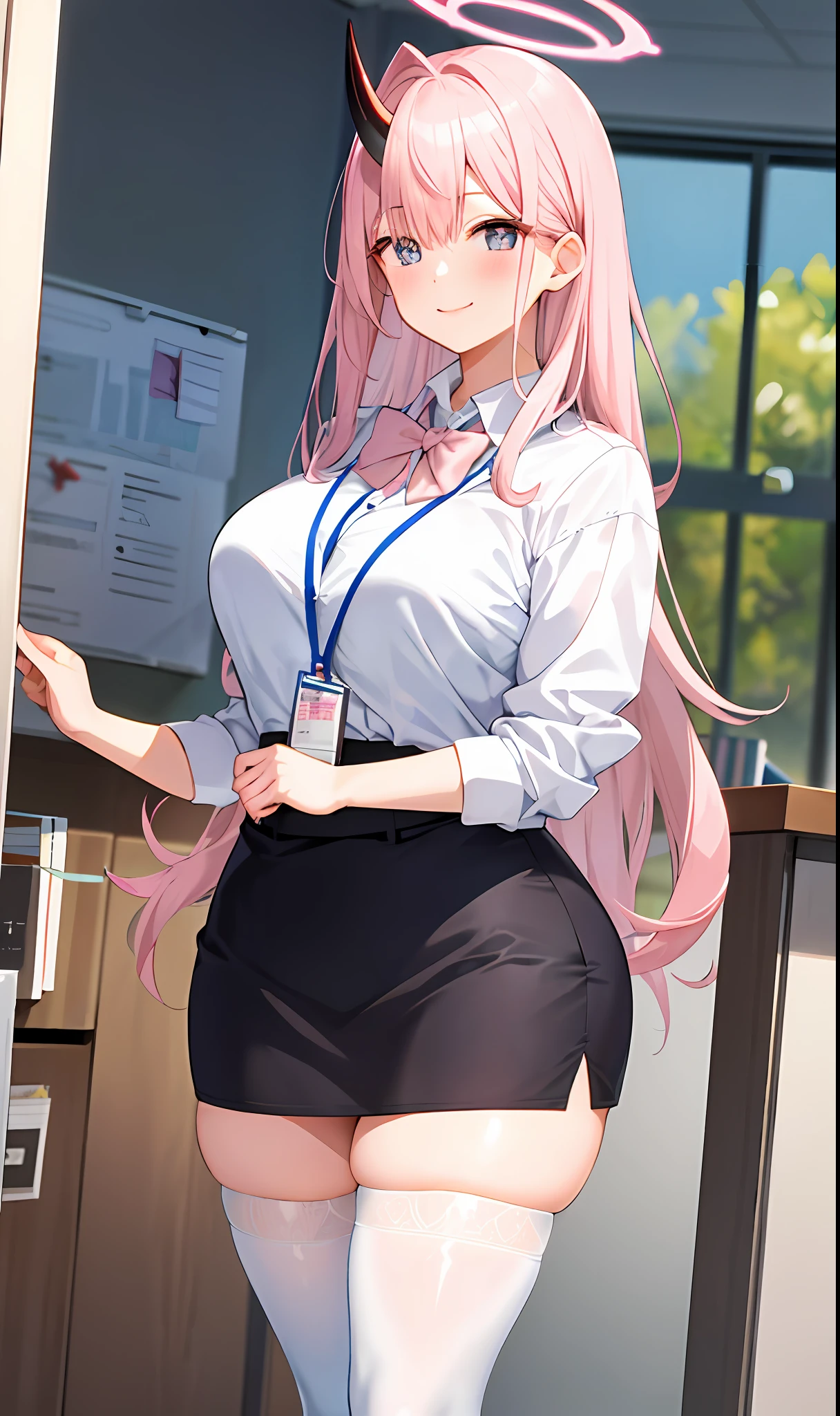 ((Masterpiece, Excellent)), (1girl), (()), Light pink hair, halo, horn, ((Office lady)), bangs, mid-breasted, (plump), slim, smile, [wide buttocks], office, standing, aru \(blue archive\),, (erotic eyes), broken white stockings,