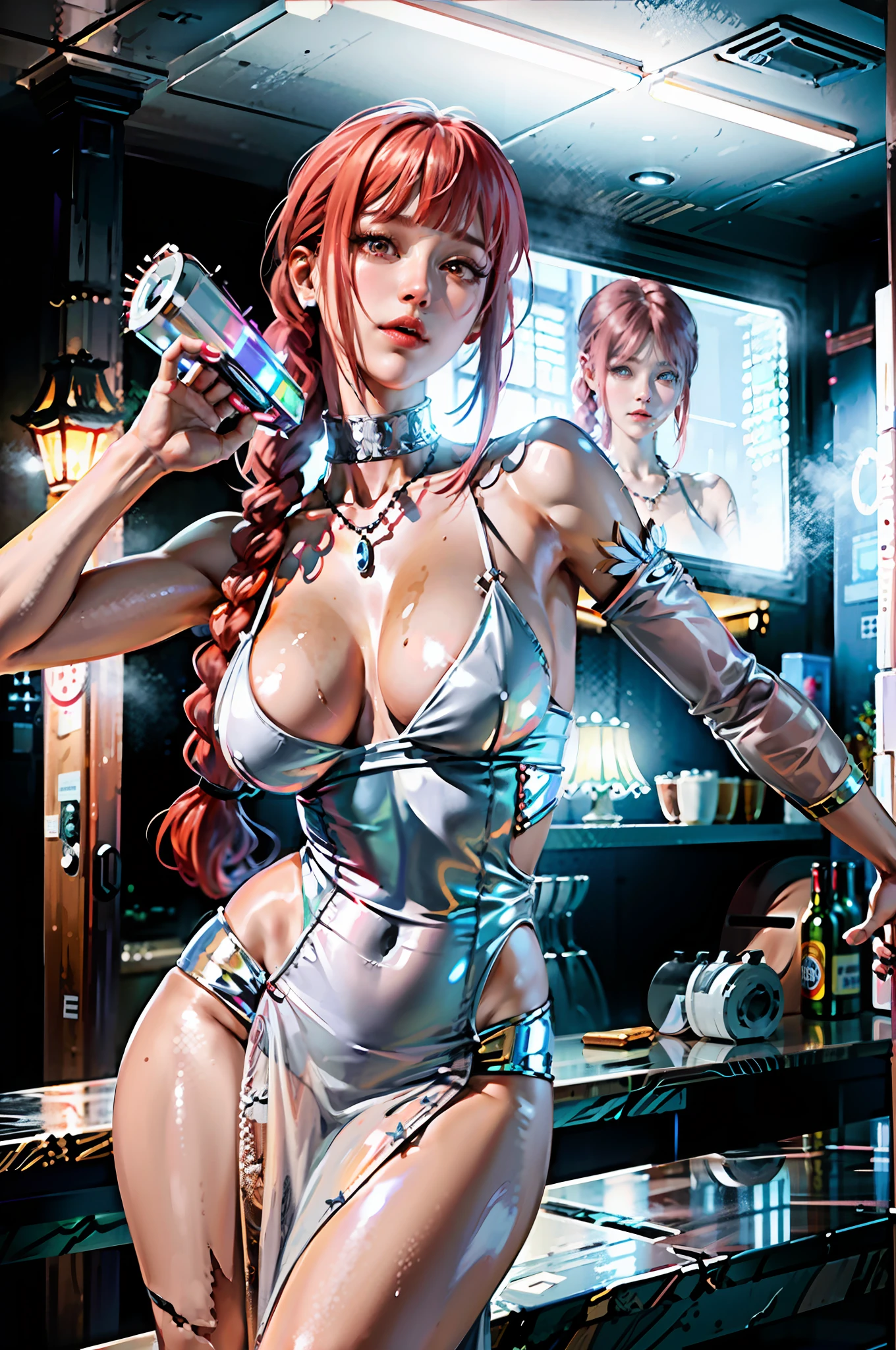 (Ultra-clear detailing, silver silk dress, accentuating ruffle treatment and garment fabric expression) huge breasts, translucent, red hair, twisted braids, makima (chainsaw man), (oily skin), (oily skin)), (8k, RAW photo, best quality, masterpiece: 1.6), (realistic, photo-realistic:1.37),st. louis \(luxury wheels) \(azur lane\), 1girl, (Kpop idol), (aegyo sal:1), hair accessory, portrait, (long loose silver exposed dress: 1.9), necklace, blue nails, cute, cityscape, night, rain, wet, professional lighting, photon mapping, radiosity, physically based rendering,