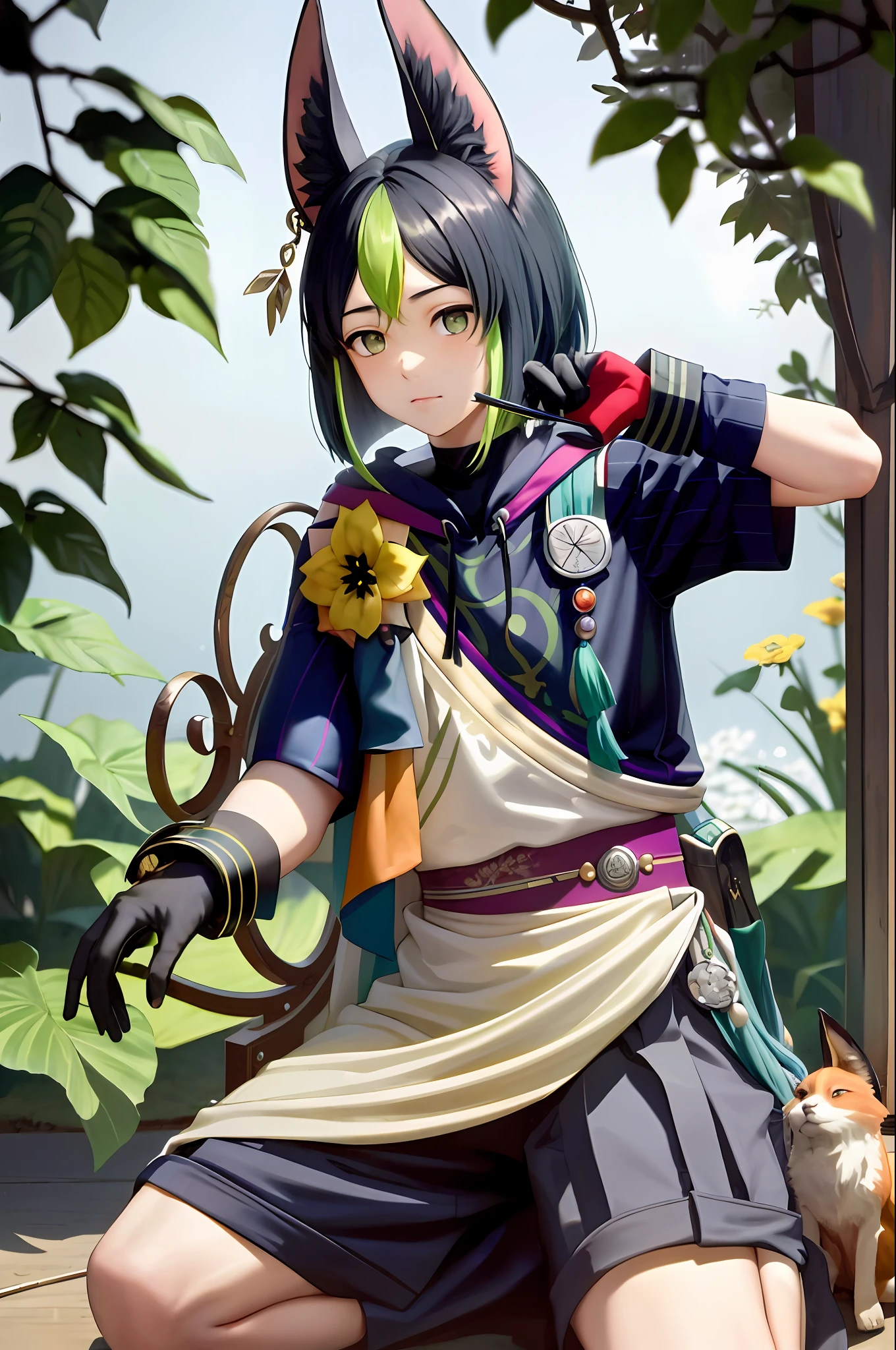 Masterpiece, Best Quality, Tighnari (Genshin), 1boy, Animal Ears, Male Focus, Multicolored Hair, Yellow Flowers, Medallion, Fox Ears, Black Hair, Green Hair, Green Eyes, Gloves, Animal Ear Flulee, Solo, Visual (Genshin Influence), Asymmetrical Sleeves, Fox Boy, Tassels, (Gray Background: 1.4), (KBXLL: 0.6), Shy, Nude, Blushing, Sexy, Barefoot, Show Feet