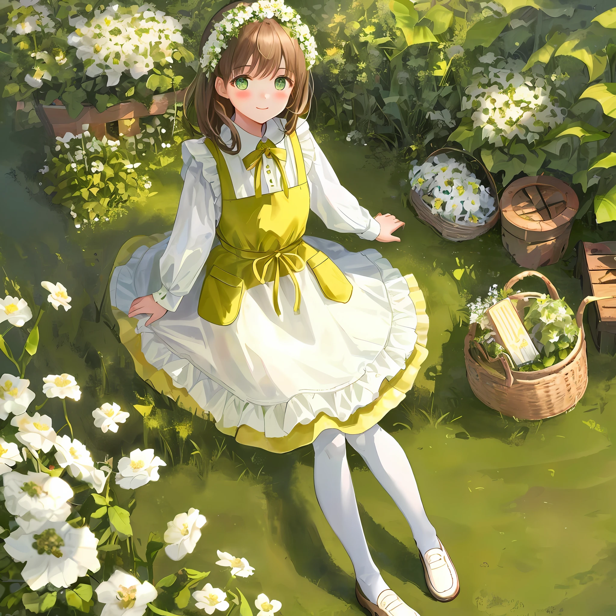 Tender girl sitting on a giant white flower, surrounded by plants, brown haired girl, bright green eyes, tender look, tender smile, blush, dressed in a white apron and down yellow dress, white tights, brown loafers, flower basket, sunlight glow, lights, good quality,