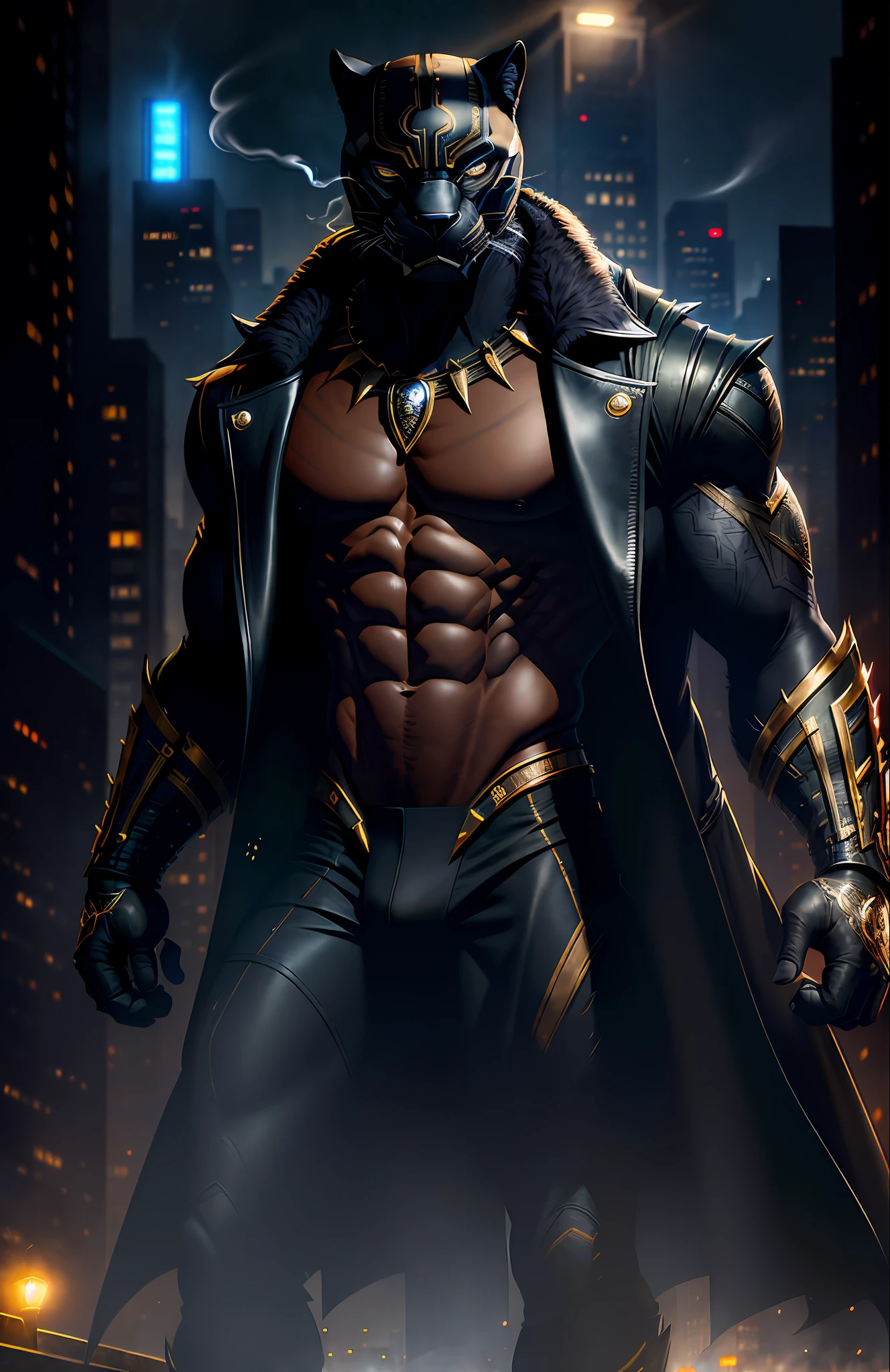 Masterpiece, (ultradetailed), (Animal anthropomorphism), gangster theme, black panther, handsome, trench coat, dim lighting, smoke, shadows, corrupt cityscape, highest quality, solo focus, (skimpy:1.1), muscular man, full body, intricate (high detail:1.1) unreal engine.