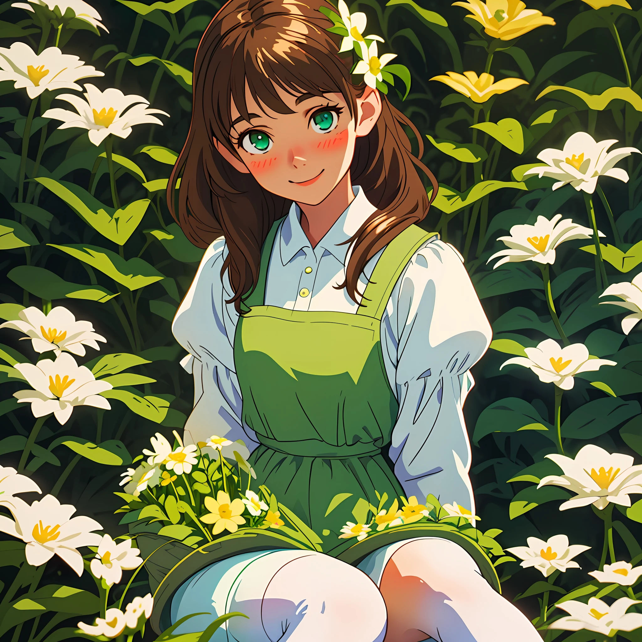 Tender girl sitting on a giant white flower, surrounded by plants, brown haired girl, bright green eyes, tender look, tender smile, blush, dressed in a white apron and down yellow dress, white tights, brown loafers, flower basket, sunlight glow, lights, good quality,