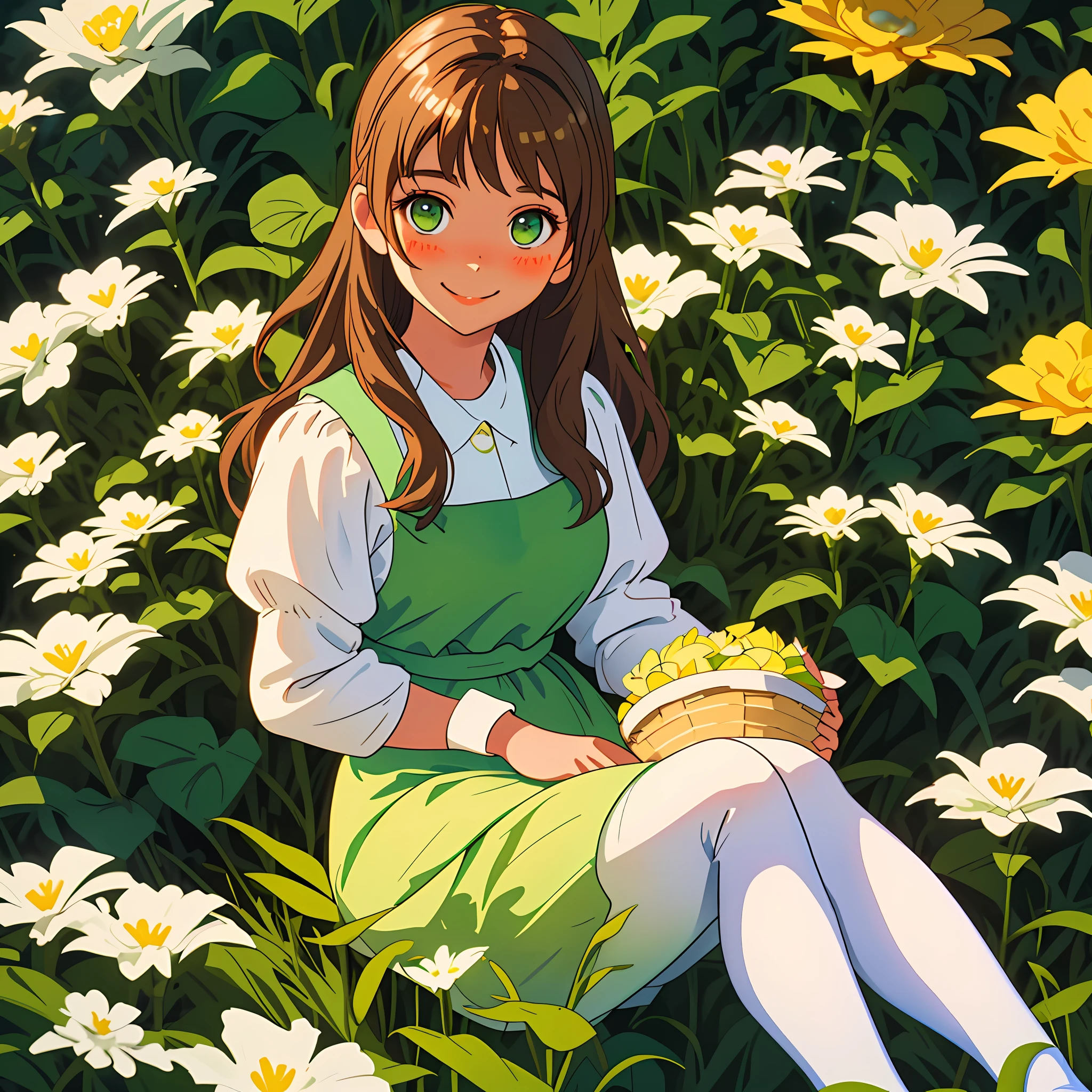 Tender girl sitting on a giant white flower, surrounded by plants, brown haired girl, bright green eyes, tender look, tender smile, blush, dressed in a white apron and down yellow dress, white tights, brown loafers, flower basket, sunlight glow, lights, good quality,