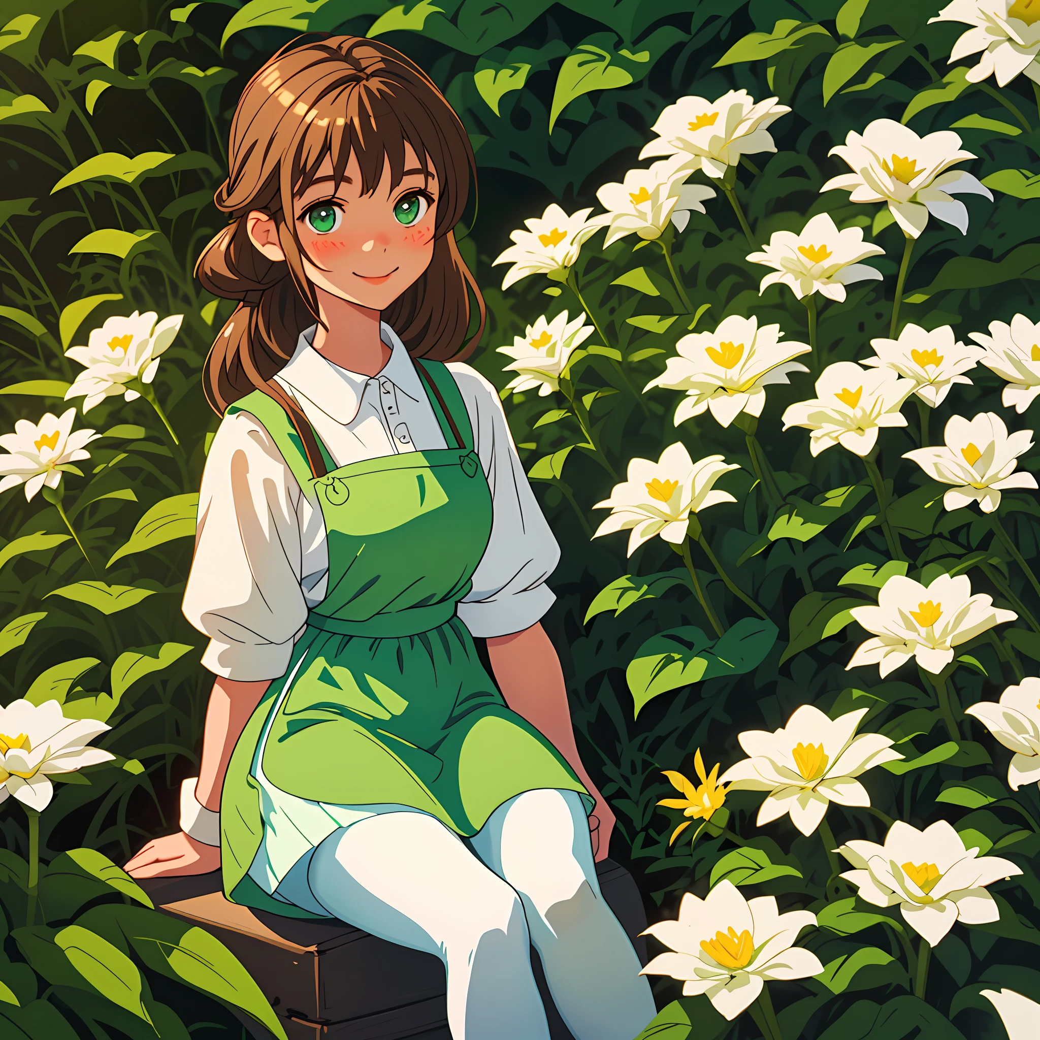 Tender girl sitting on a giant white flower, surrounded by plants, brown haired girl, bright green eyes, tender look, tender smile, blush, dressed in a white apron and down yellow dress, white tights, brown loafers, flower basket, sunlight glow, lights, good quality,