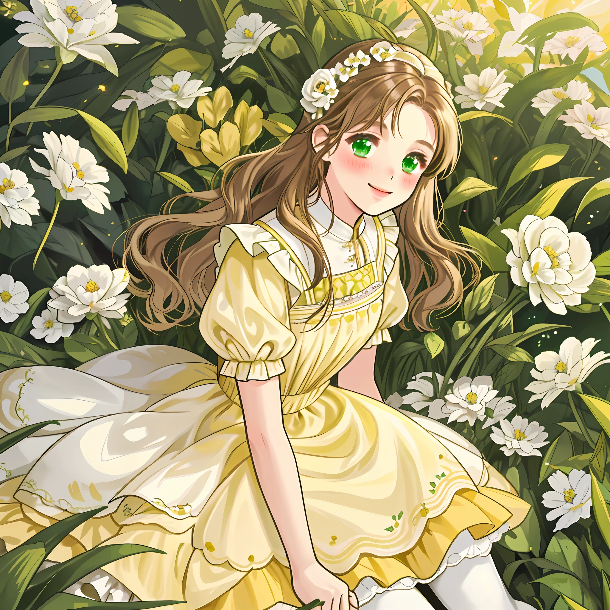 Tender girl sitting on a giant white flower, surrounded by plants, brown haired girl, bright green eyes, tender look, tender smile, blush, dressed in a white ????? and down yellow dress, white tights, brown loafers, flower basket, sunlight glow, lights, good quality,