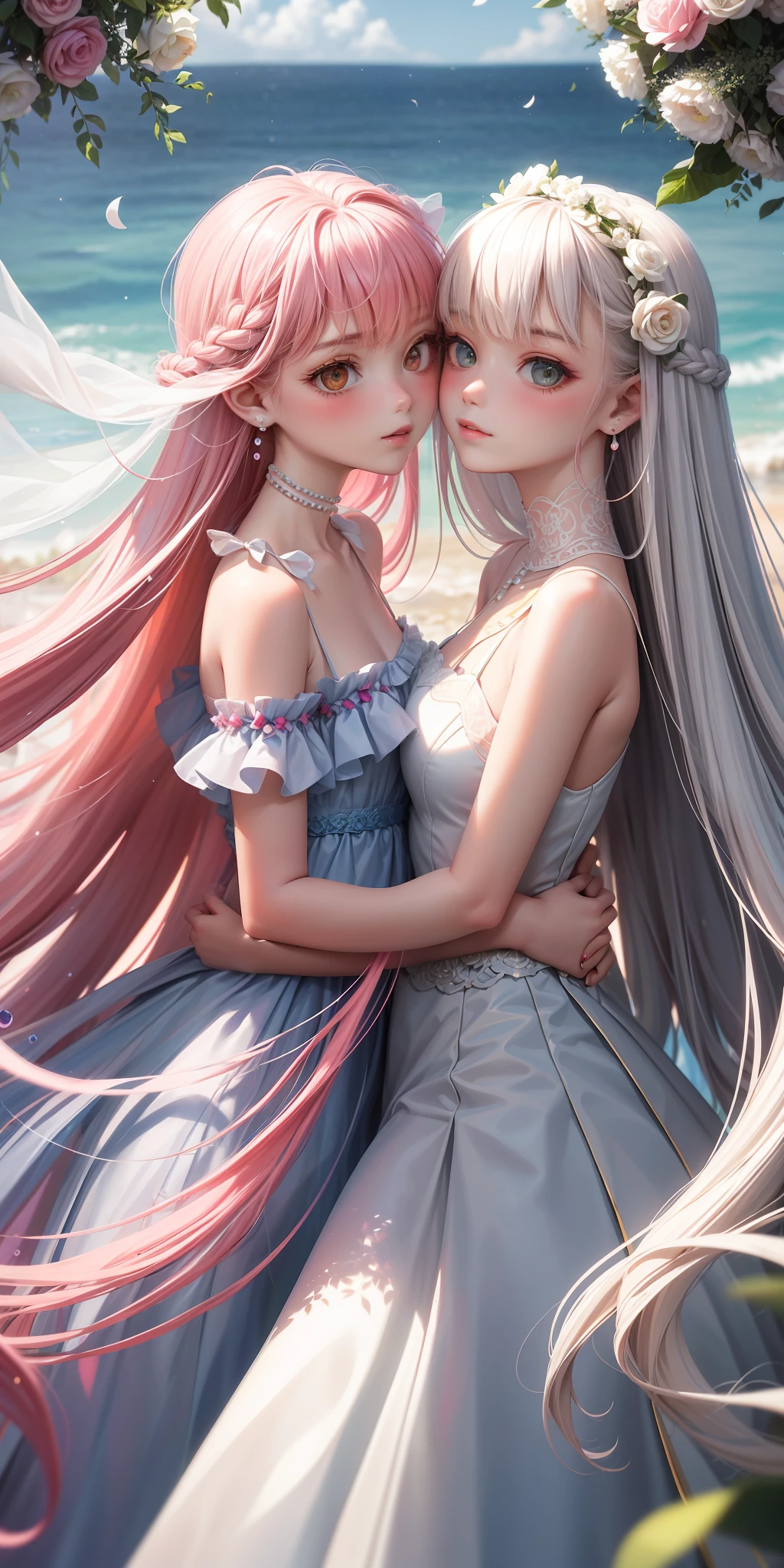 ((surrealism))((romanticism)),(two girls),(soft and delicate),(loving gazes),(blush),(pearl earrings),white dresses,(floating),(long hair:1.3),pink flowers,(depth of field),(vibrant colors),(painterly style)