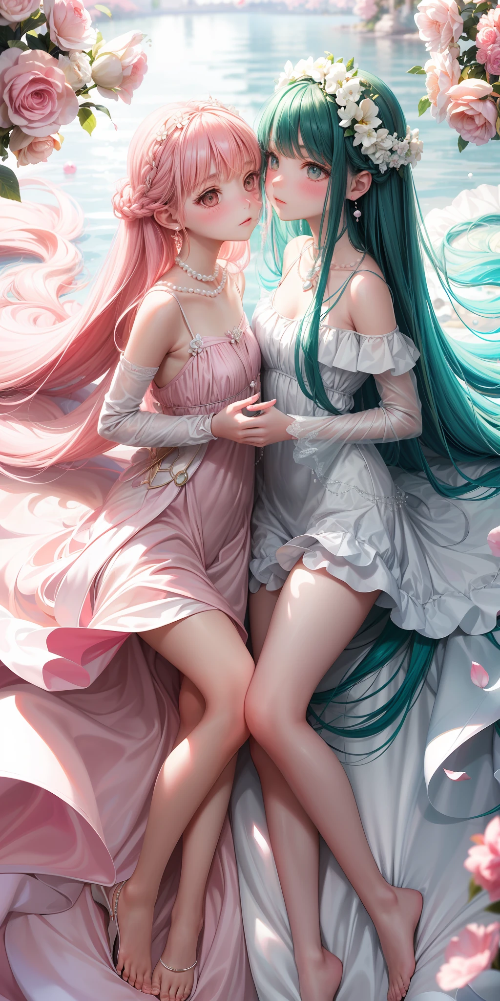 ((surrealism))((romanticism)),(two girls),(soft and delicate),(loving gazes),(blush),(pearl earrings),white dresses,(floating),(long hair:1.3),pink flowers,(depth of field),(vibrant colors),(painterly style)