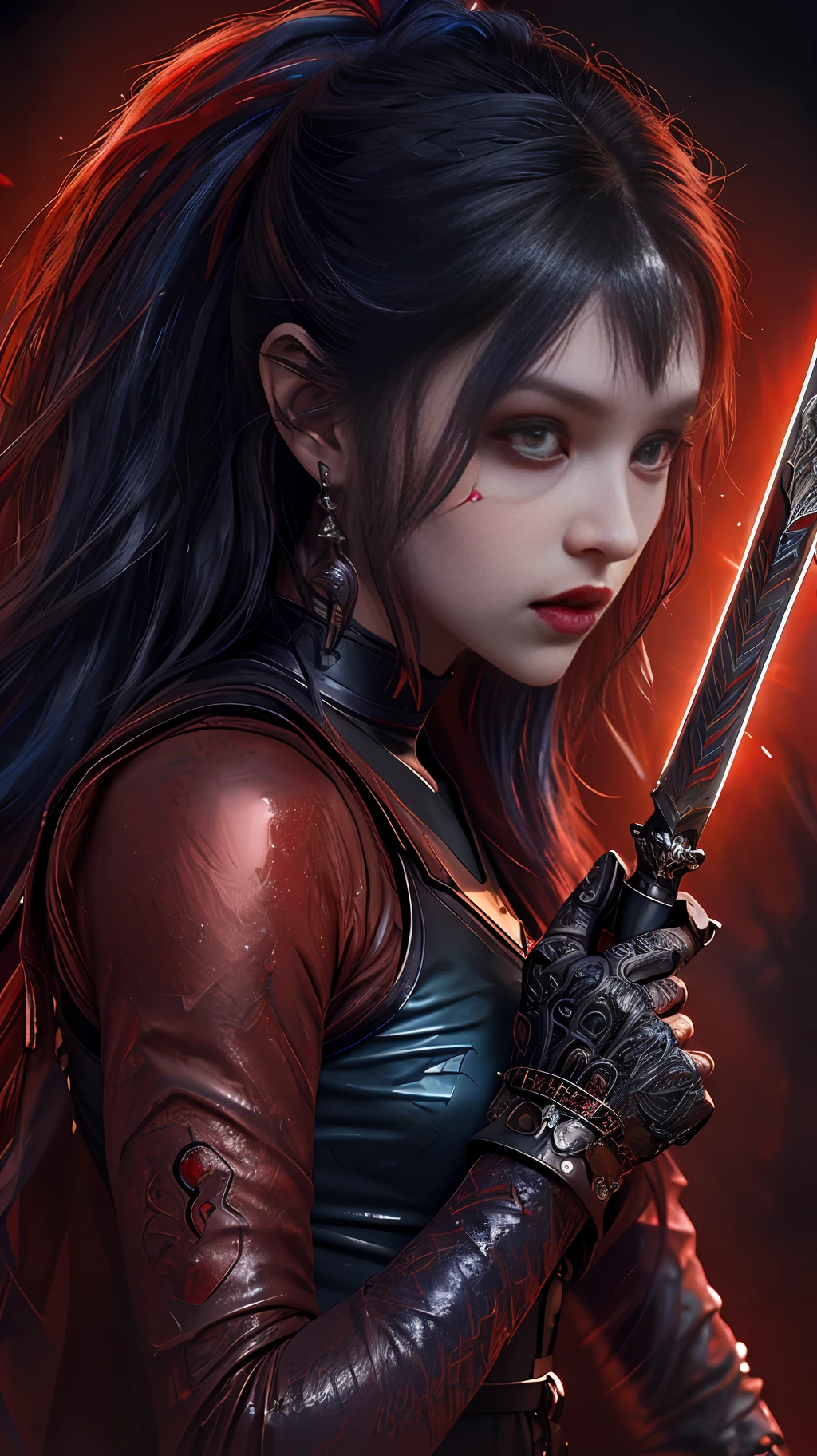 Warrior girl with a fantastic small dagger on hand, organza clothing ,dark blue hair with red highlights, (perfect nose), (Best Illustration), 8k Resolution, Intricate Details, Best Quality, Realistic, Ultra Detailed, Best Lighting, Best Shadows, Ultra HD, A Necromancer style, Night, Magic, Dark Style, Vampire, (shining red eyes:1.6), masterpiece, high_res, Beautiful face, tyndall effect, photo realistic, (high detailed skin:1.2), 8k uhd, dslr, high quality, Photograph, high resolution, 4k, 8k, Bokeh, absurdres, ponytail contorted, best ratio four finger and one thumb, front view, dark blue hair gorgeous, perfect proportional skinny body, full body view, wet skin, wet clothes, dark cathedral baground scenery