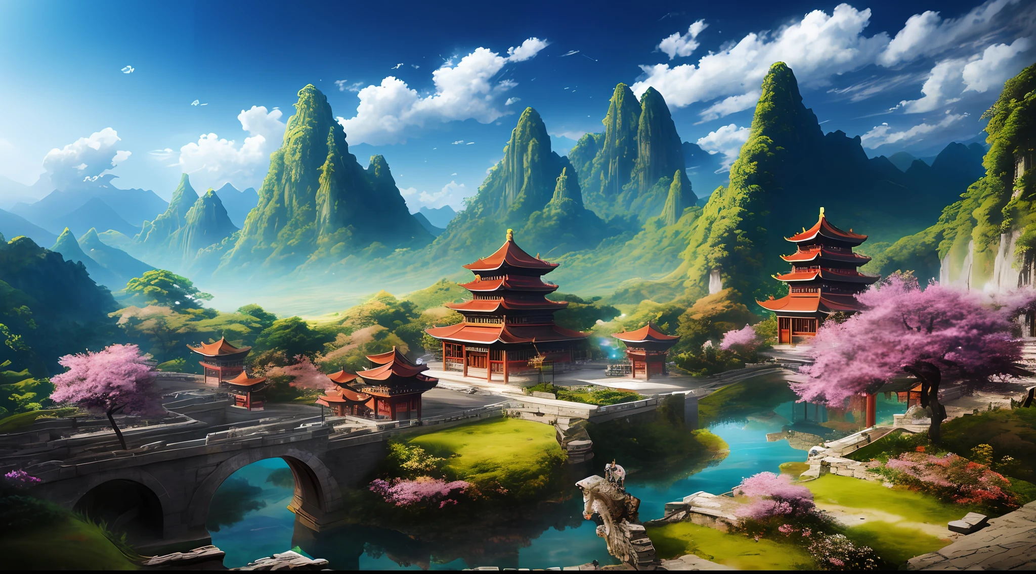 2. 5 d cgi anime fantasy artwork,anime landscape,Ancient Chinese landscapes, (brocade),the mountains,particle,