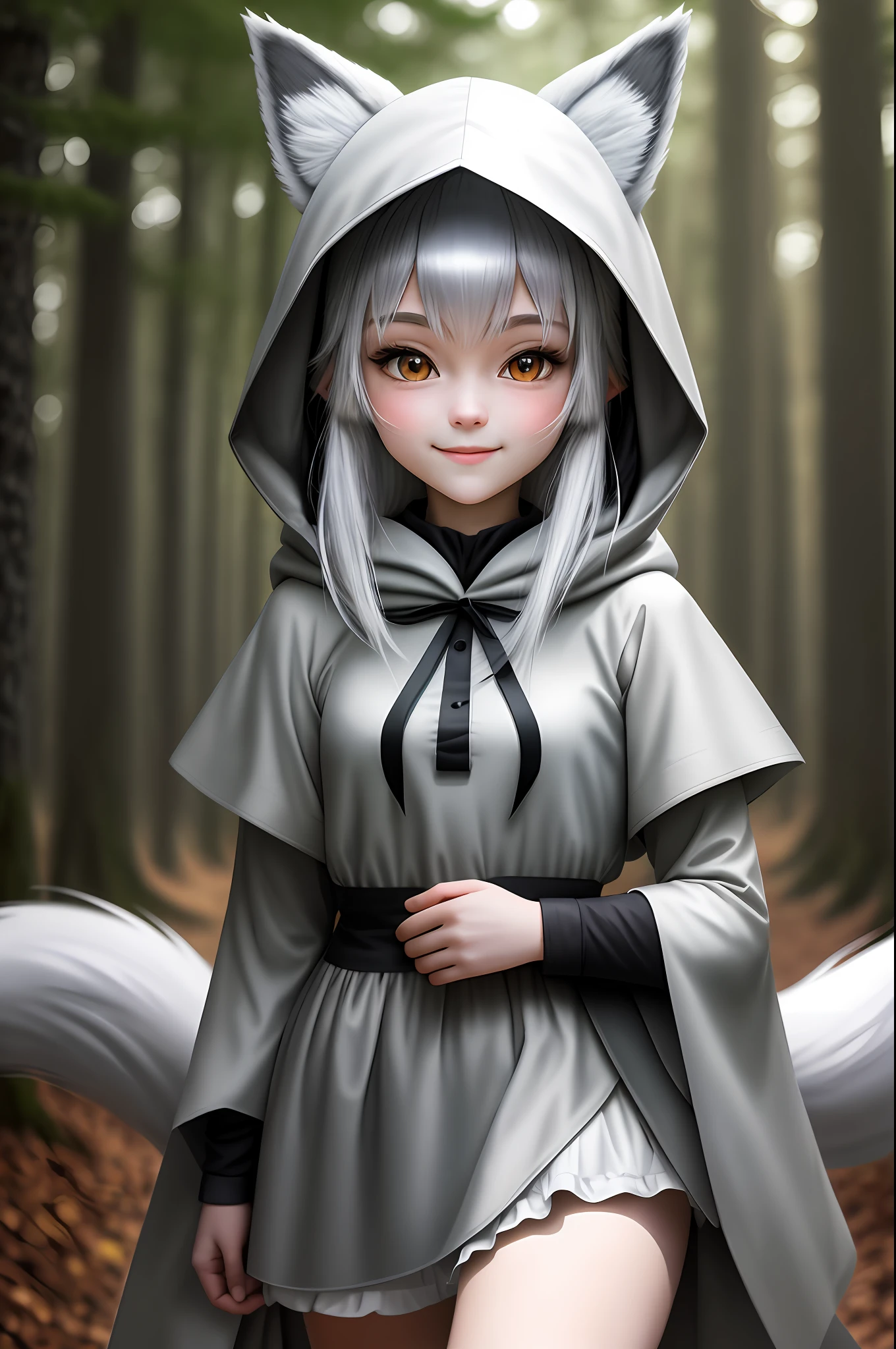 Fox girl with cute face alone with a blurred background forest, silver hair, hood, dashed eyes, fox ears, clear smile, expressionism, luminism, chiaroscuro, Fujicolor, jpeg artifacts, UHD, 8k