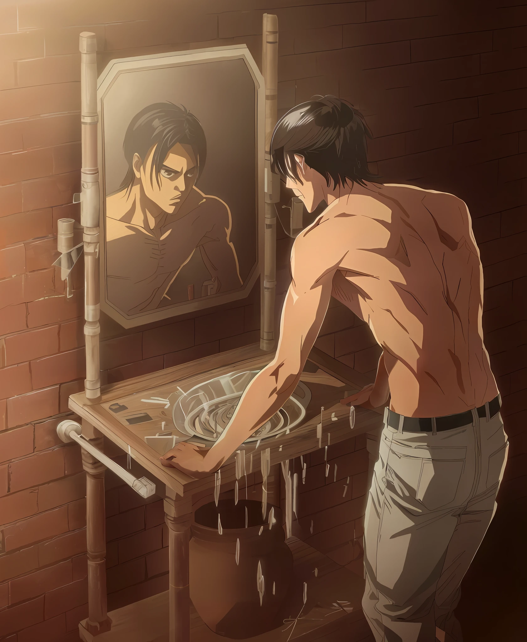 best quality, masterpiece, (realistic: 1.2), 1 man, Eren Jaeger, black jeans, black pants, brown hair, attack on Titan, cold background, black jacket, slim body, high definition, high quality, black clothes, realistic