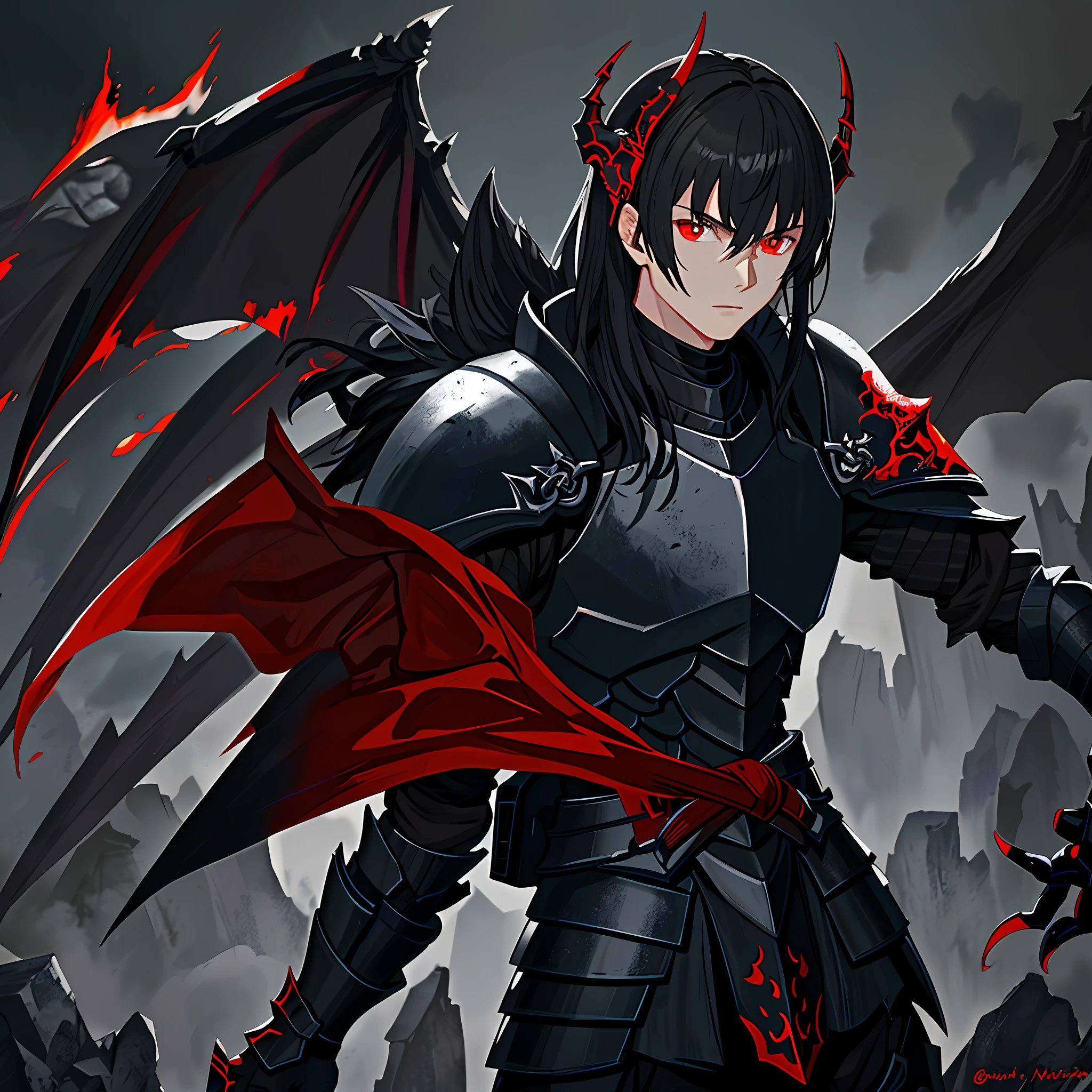 A warrior wearing black armor, on the shoulder pads the head of a dragon, black armor, black hair and red eyes,