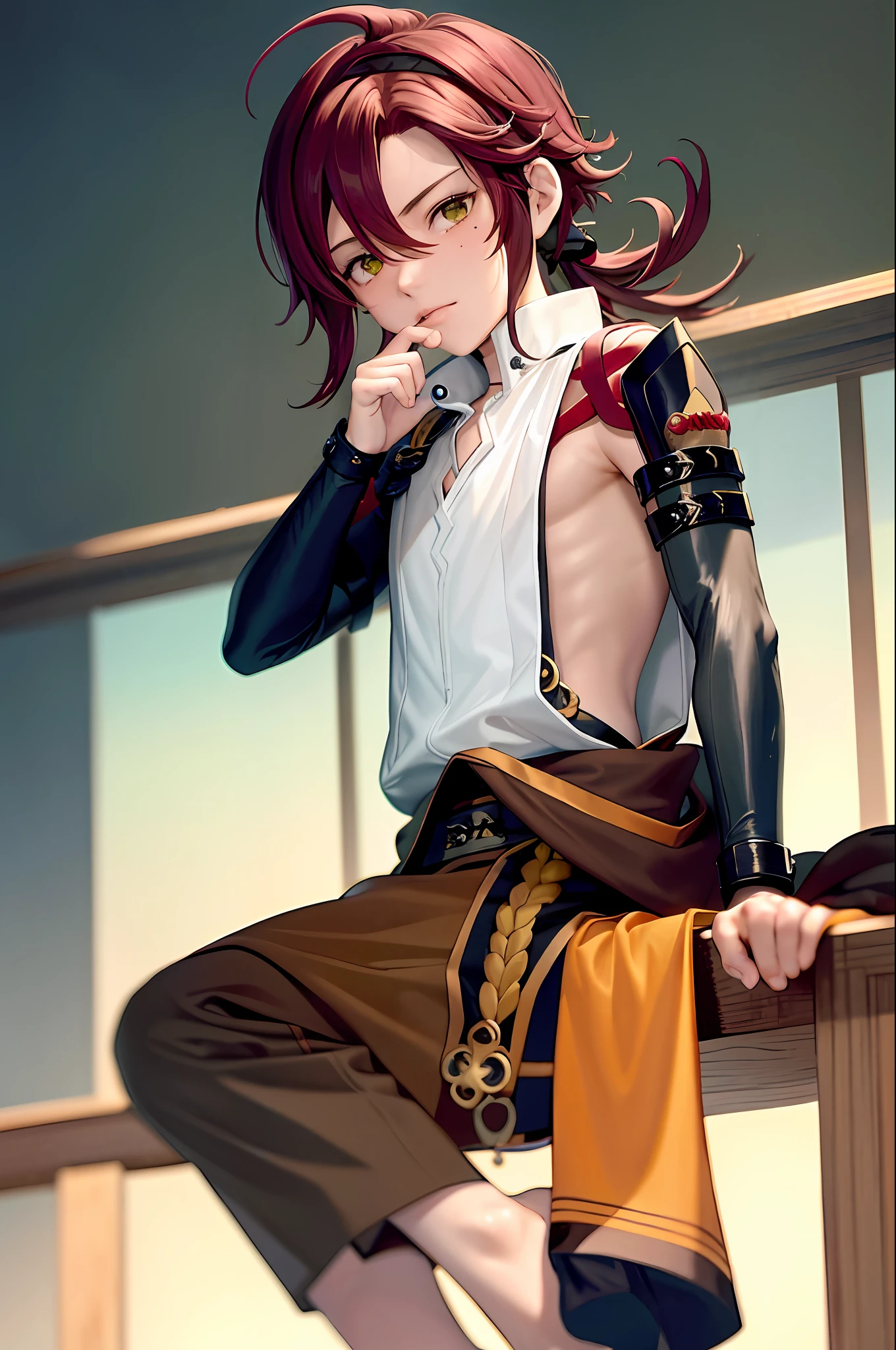 Masterpiece, Best Quality, Shika-in Heizo (Genshin Impact), 1boy, Male Focus, Kuroko, Green Eyes, Kote, Multicolored Hair, Mole Under the Eyes, Red Hair, Solo, Mole, Black Necklace, Japanese Armor, Look at the Audience, Necklace, Armor, Striped Hair, Eglet, Sleeveless, Ahog, Long Hair, Low Ponytail, (Gray Background: 1.4), (KBXLL: 0.6), Barefoot, Sexy, Panties, Blushing, Shy, Show Feet