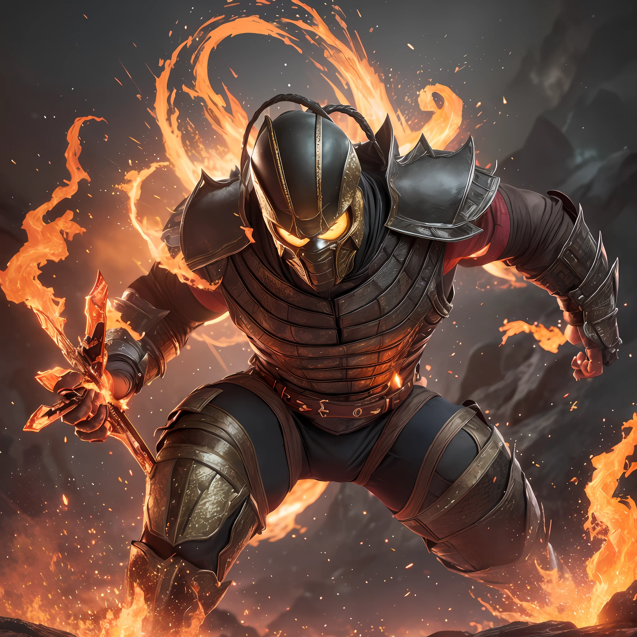 Mortal Kombat's Scorpion, one of the most iconic characters in video game history, emerges from the depths of hell. Encased in hellfire, Scorpion's eyes glow with a menacing light. With his harpoon in hand, he prepares to engage in battle against any opponent who dares cross his path. The scenery behind him is a smoky, fiery hell, with ash and smoke rising from the ground. Show me an ultra-detailed CG artwork of Scorpion in a dynamic fighting pose, his muscles tensed and his armor shining in the darkness