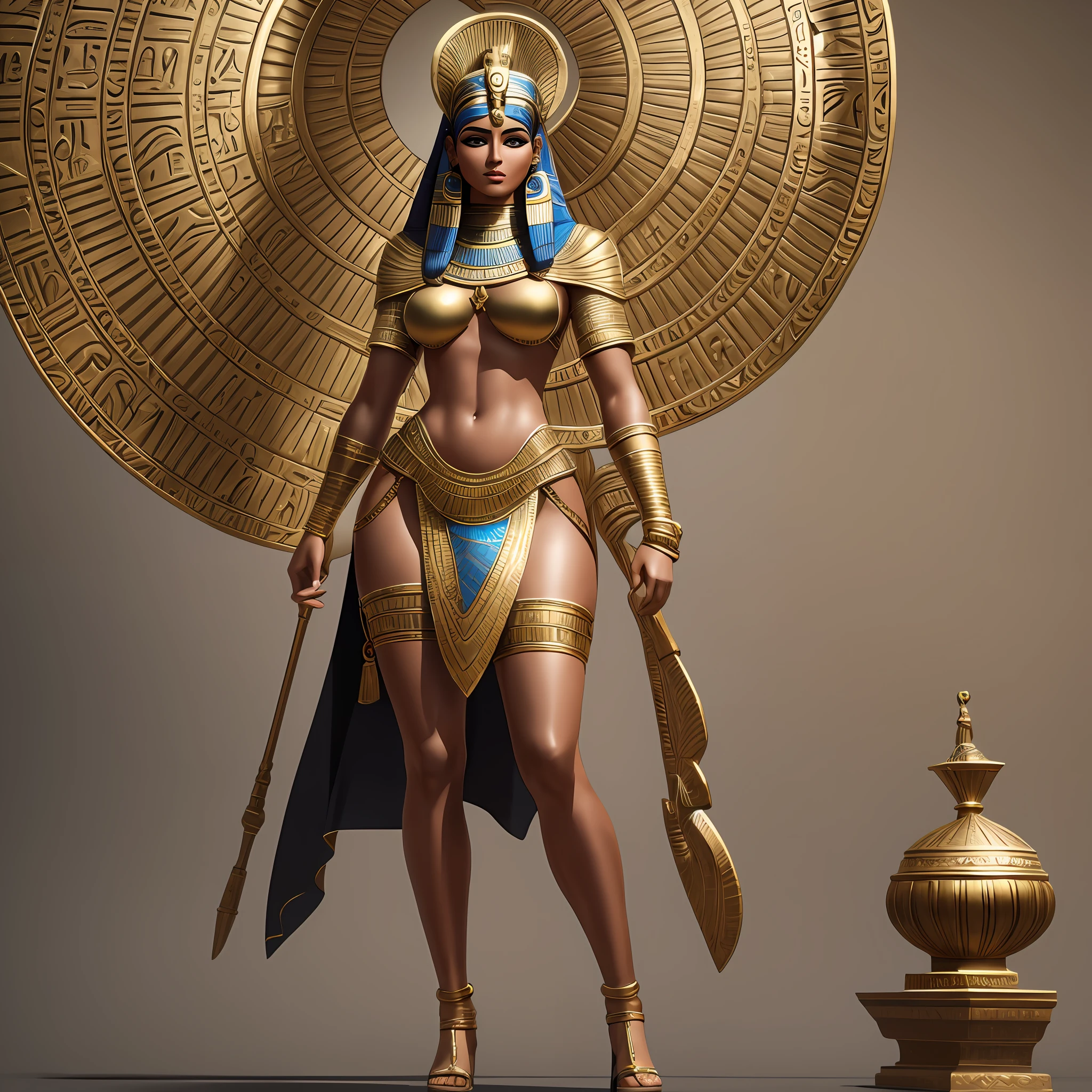 (Sculpture style, ultra-realistic) A beautiful Egyptian woman with a hot and dominating look, standing tall in a full-body pose that's both alluring and powerful.