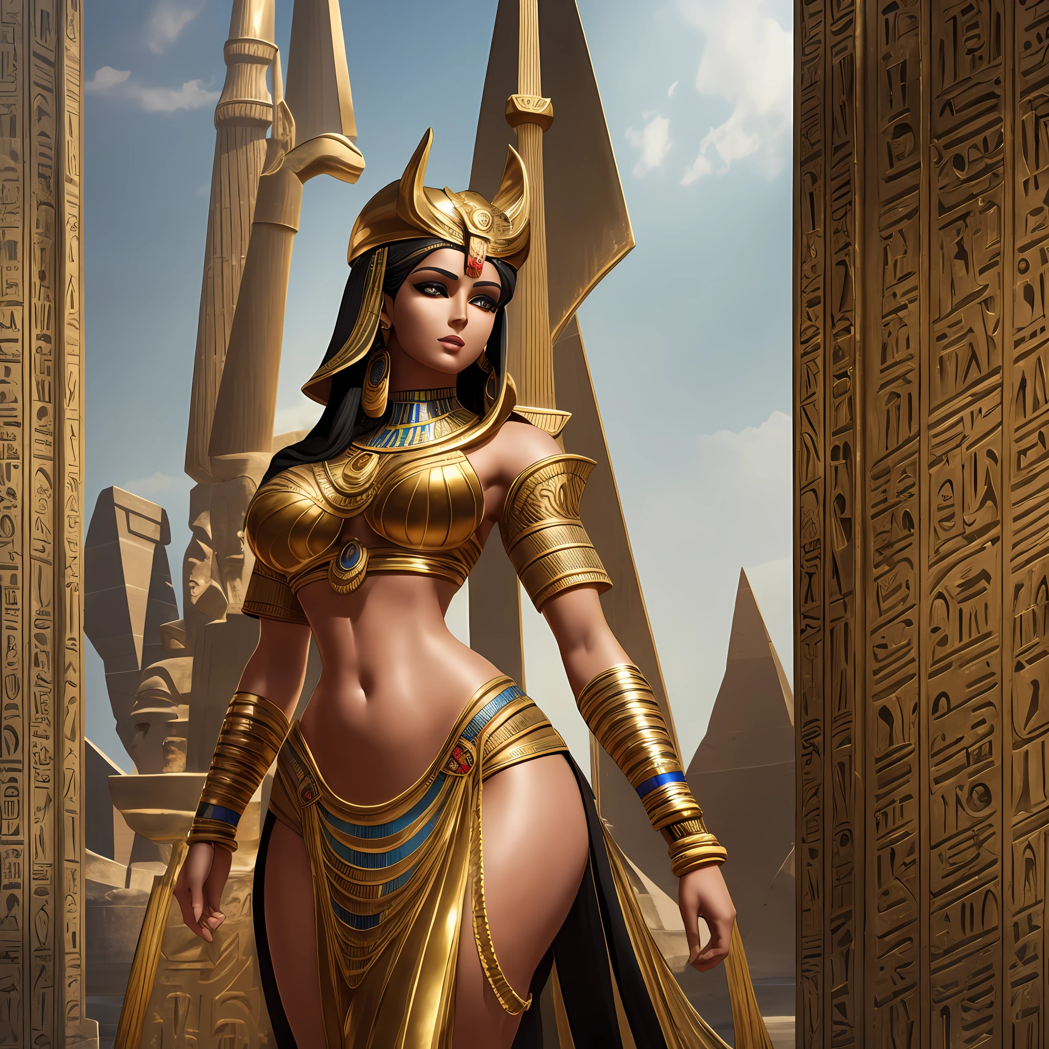(Sculpture style, ultra-realistic) A beautiful Egyptian woman with a hot and dominating look, standing tall in a full-body pose that's both alluring and powerful.
