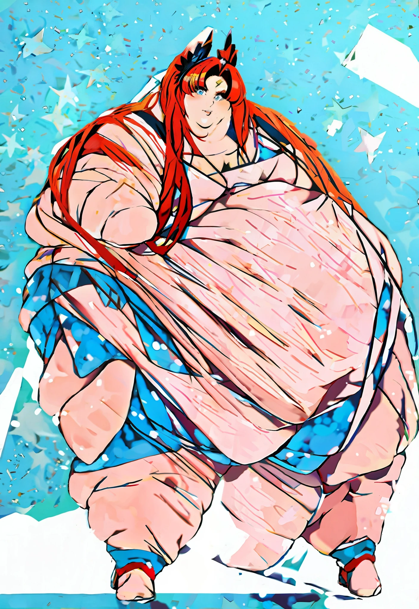 Anime art of a handsome!!! yet fat young man with he has a jiggly fat round belly, thicc, his belly is fat and round, full body portrait of a tall!, strong fat bacchanalian body, obese ), insanely inflated hips, fullbody commission for, morbidly obese, an obese, large thighs, big belly,expression(Smug),(( High quality, Masterpiece))